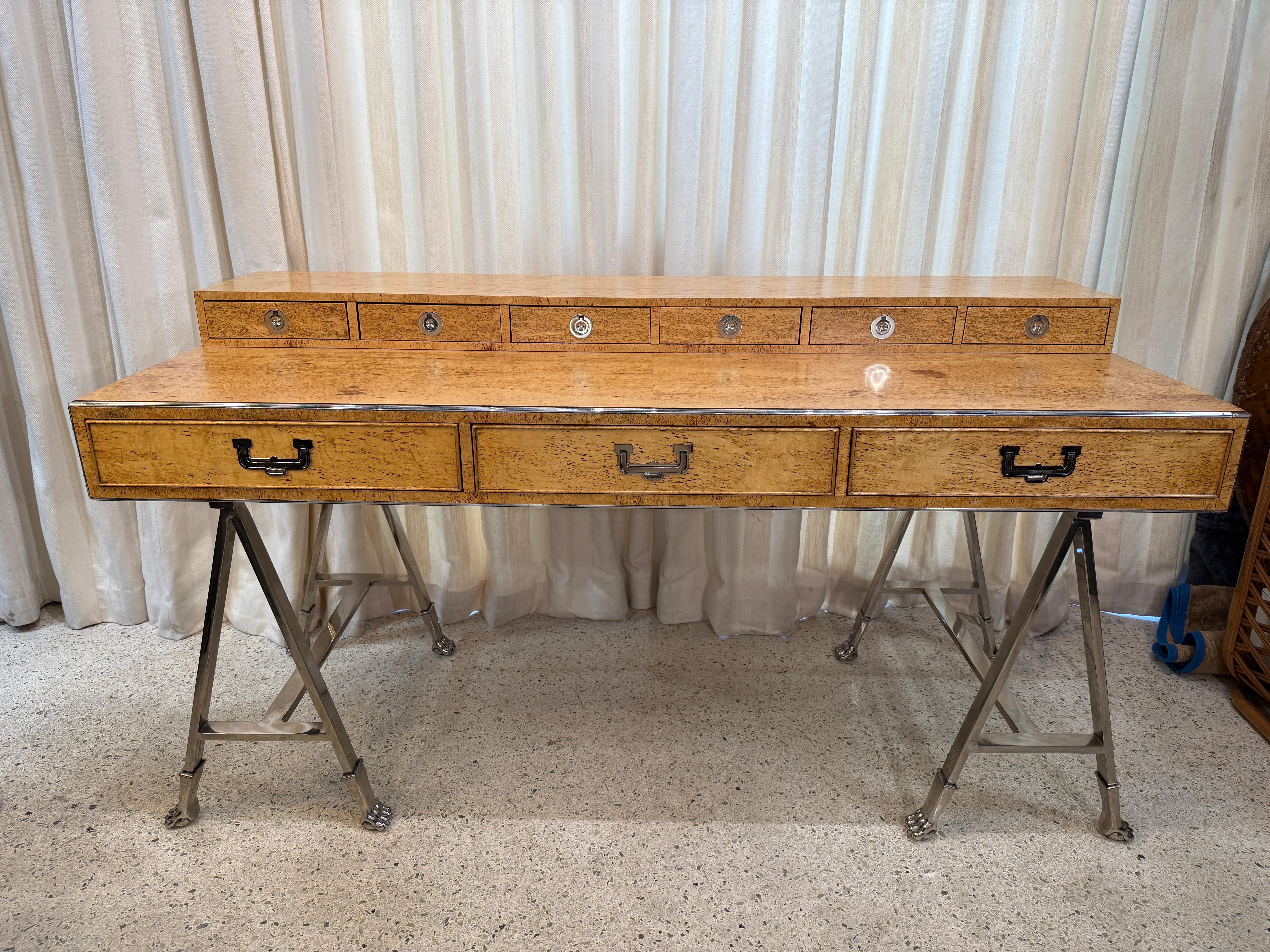 Italian Campaign Style Burlwood Desk on Steel Sawhorse Bases For Sale 8
