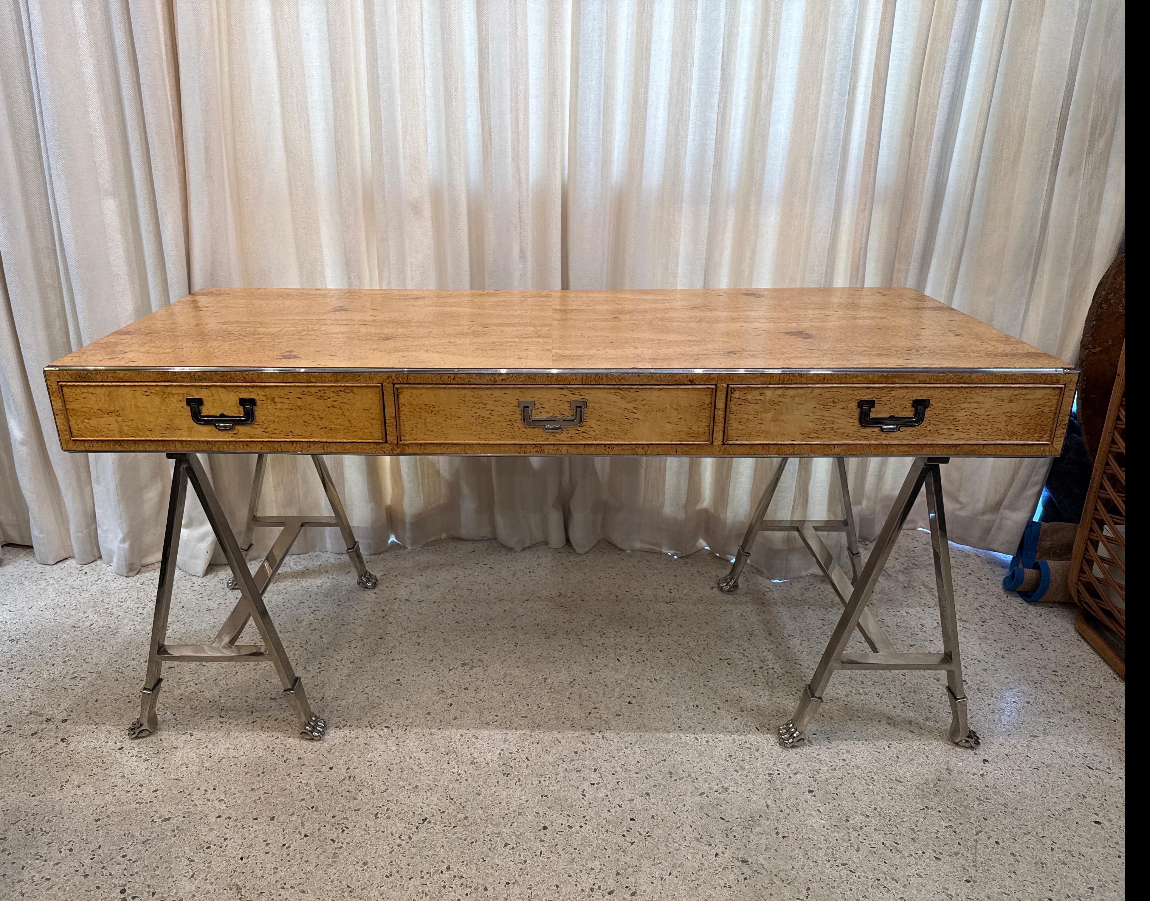 Italian Campaign Style Burlwood Desk on Steel Sawhorse Bases For Sale 10