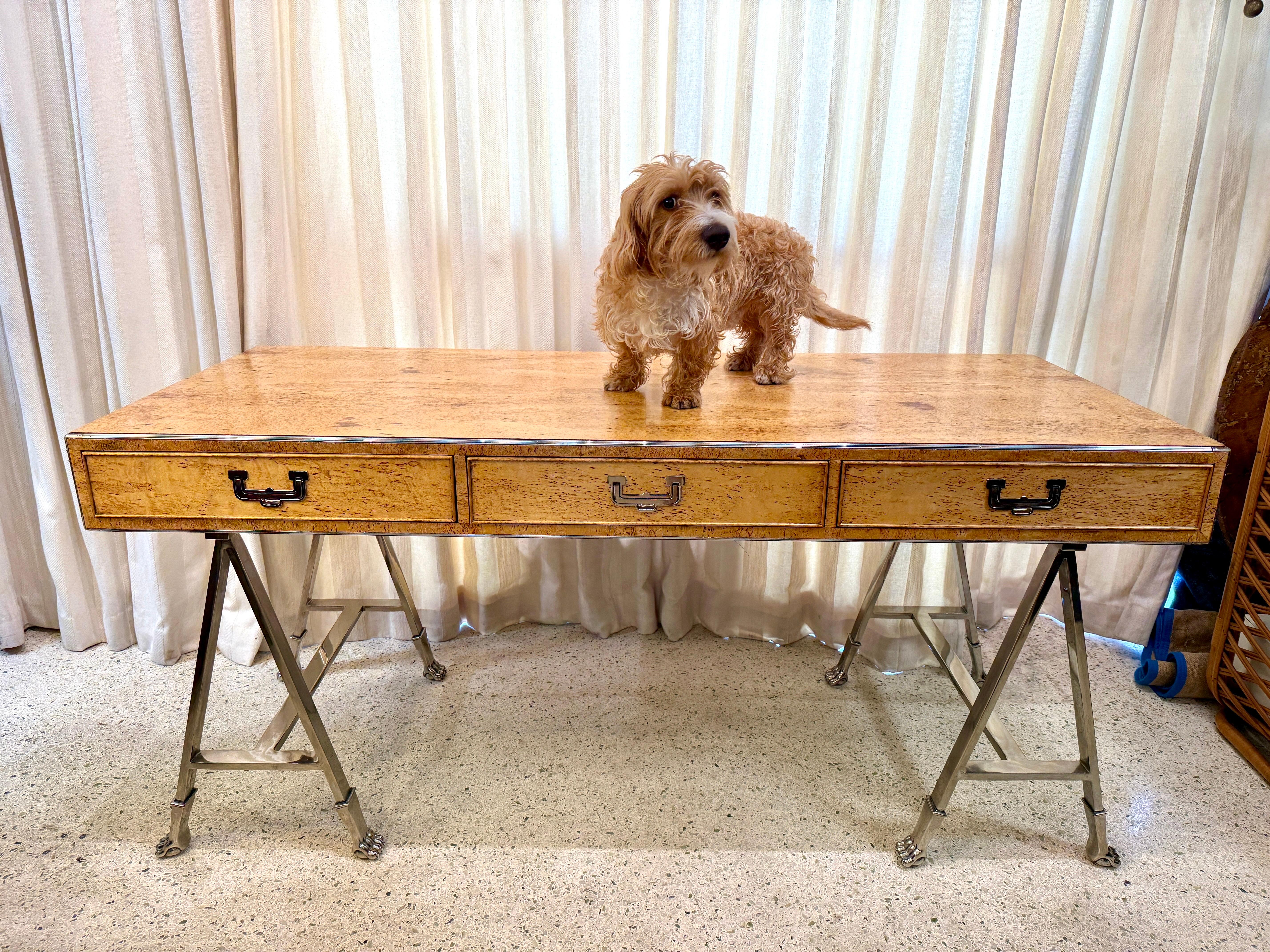 This important and large burlwood campaign style executive desk with amazing solid heavy steel with lions feet is Italian from 1960's.  The top 6-drawer hutch is wonderful but can be removed if you prefer a clean desktop (see detail images and