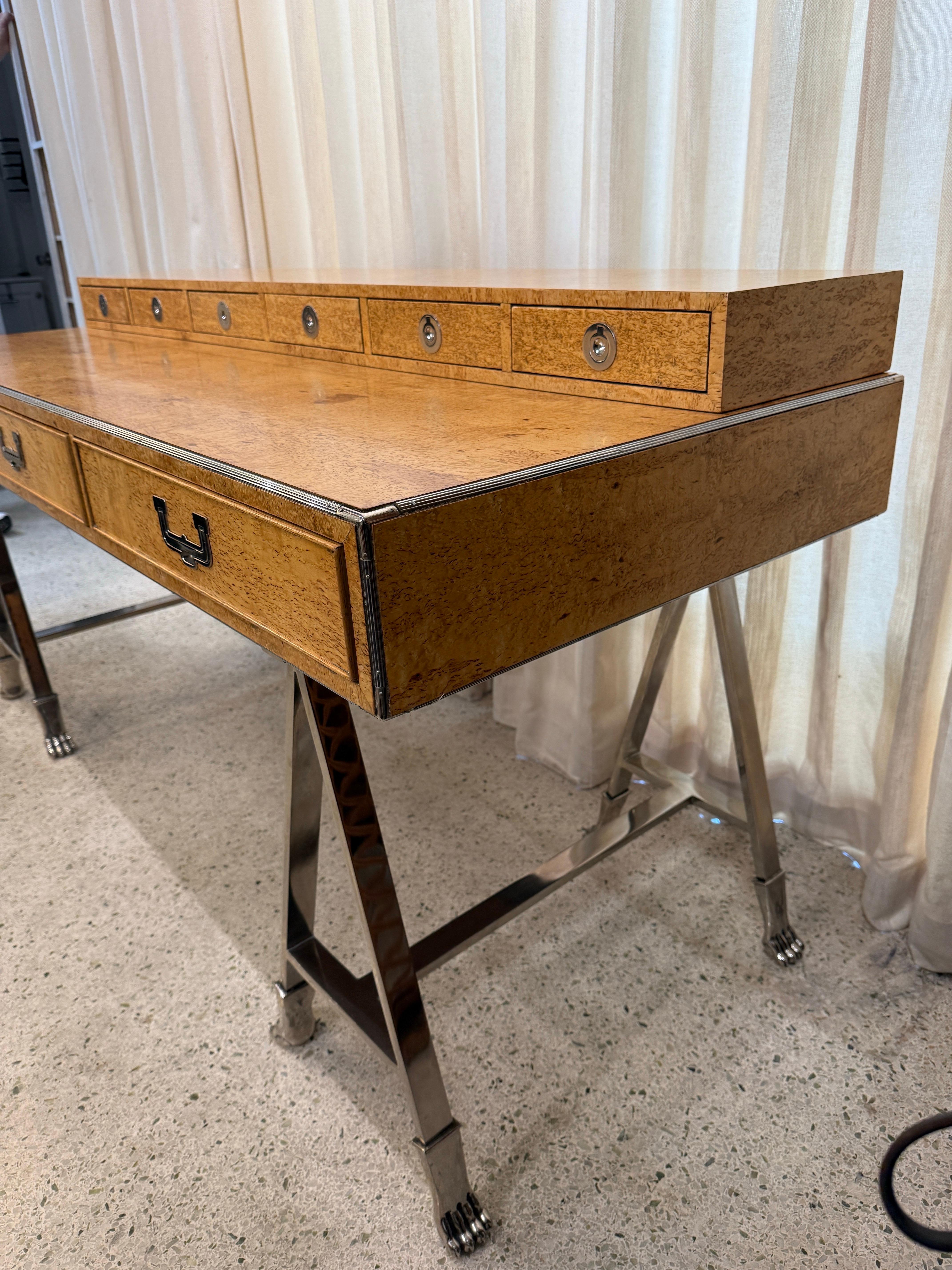 Mid-20th Century Italian Campaign Style Burlwood Desk on Steel Sawhorse Bases For Sale