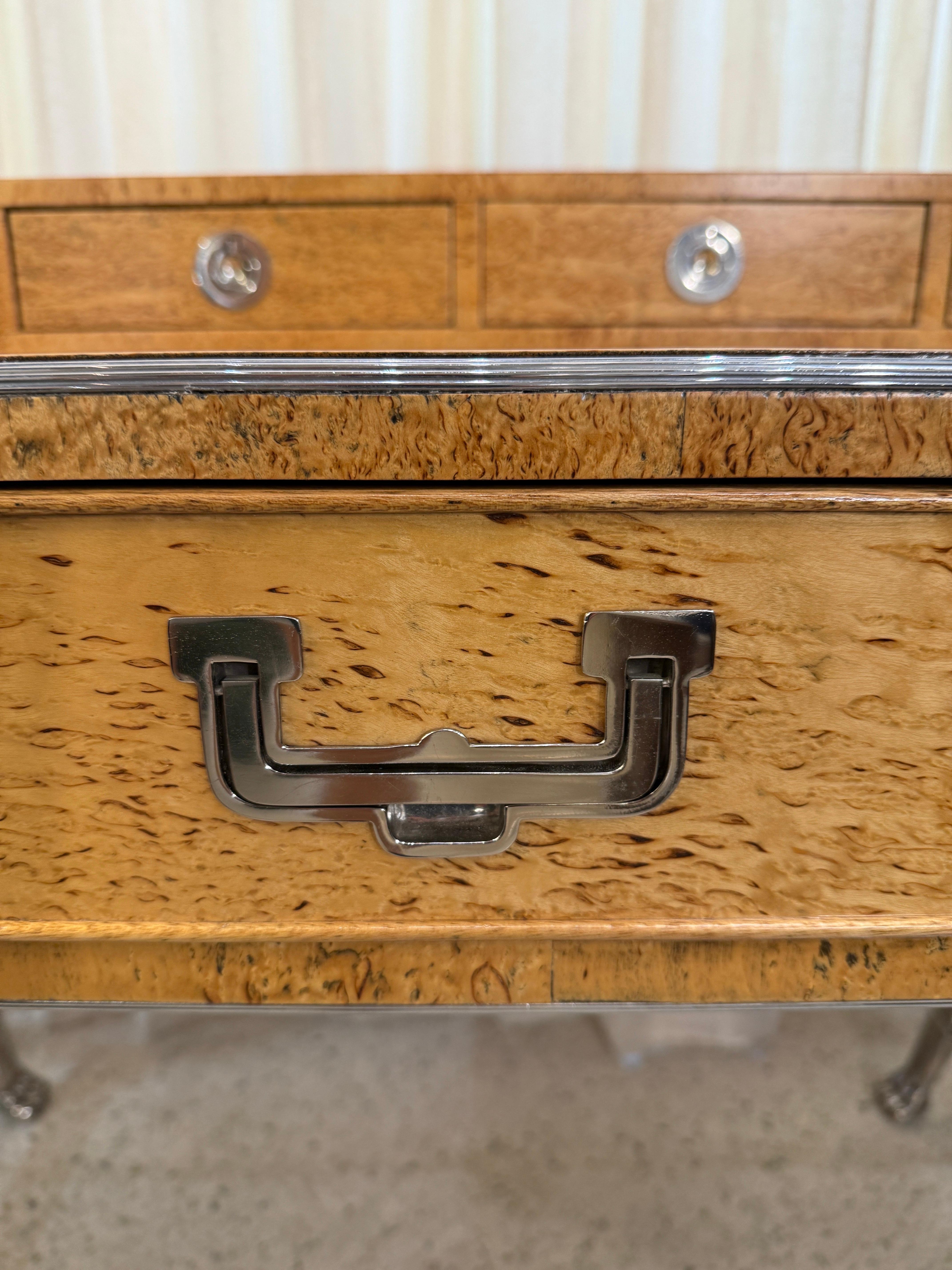 Stainless Steel Italian Campaign Style Burlwood Desk on Steel Sawhorse Bases For Sale