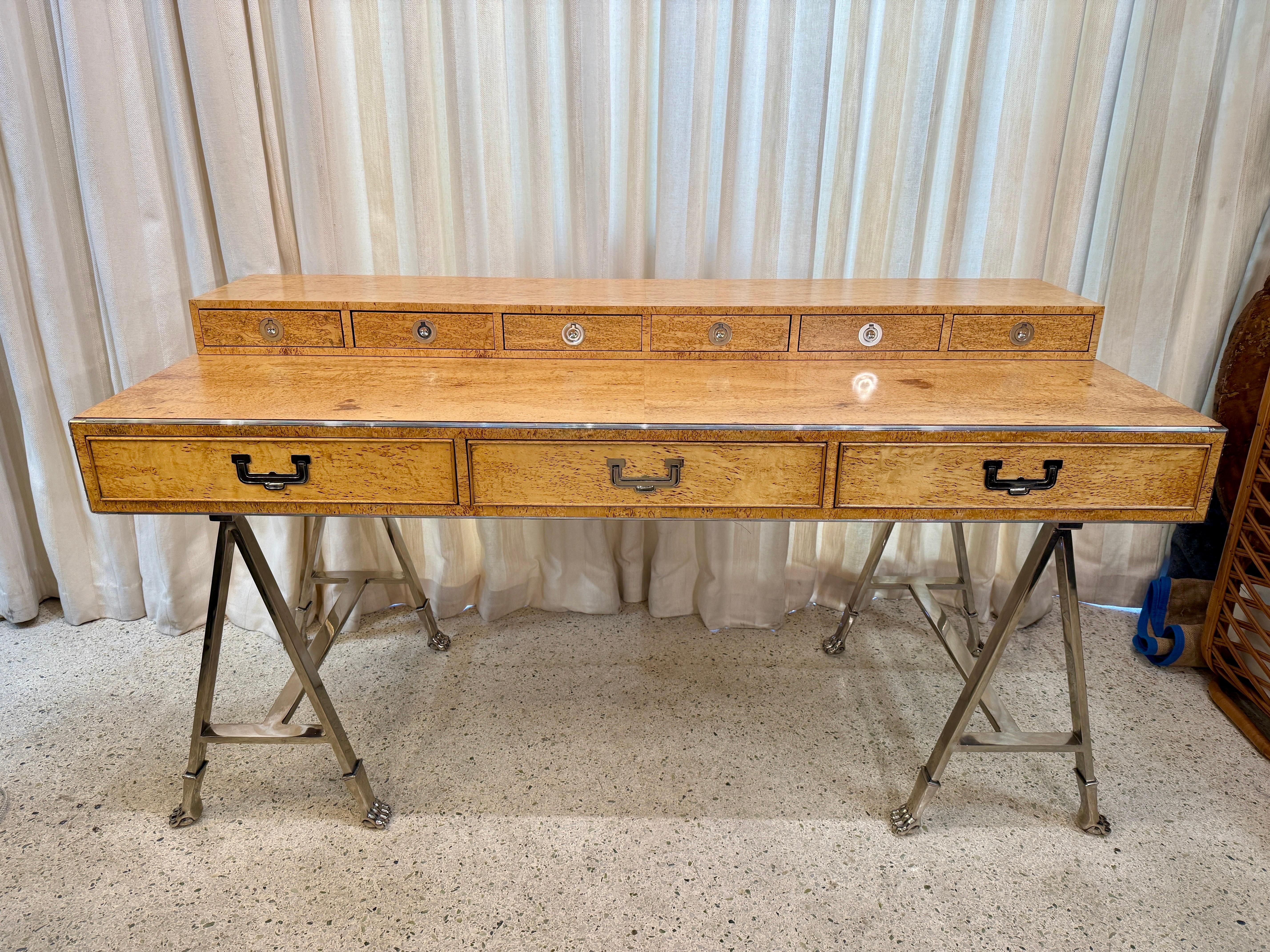Italian Campaign Style Burlwood Desk on Steel Sawhorse Bases For Sale 1