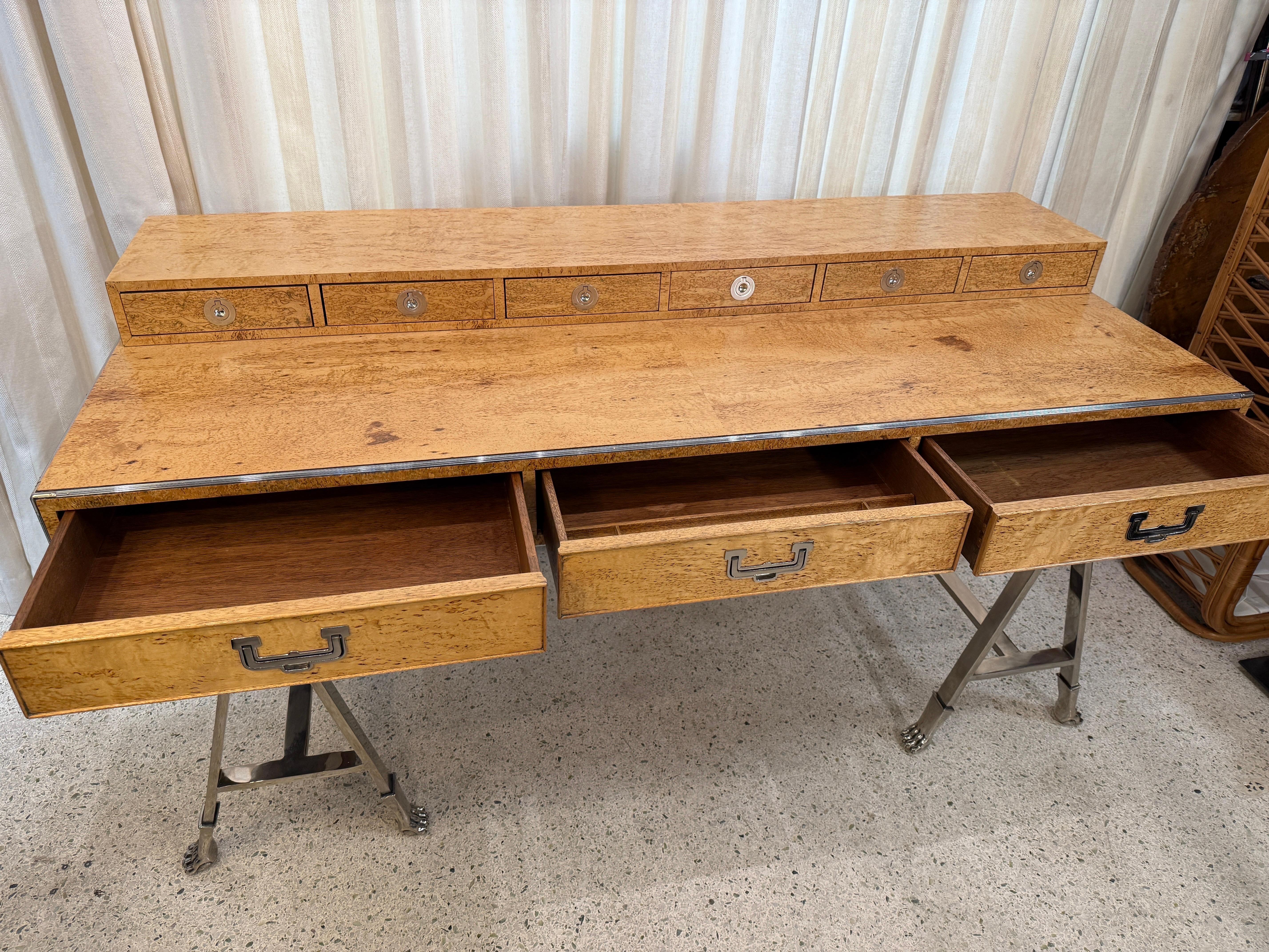 Italian Campaign Style Burlwood Desk on Steel Sawhorse Bases For Sale 2
