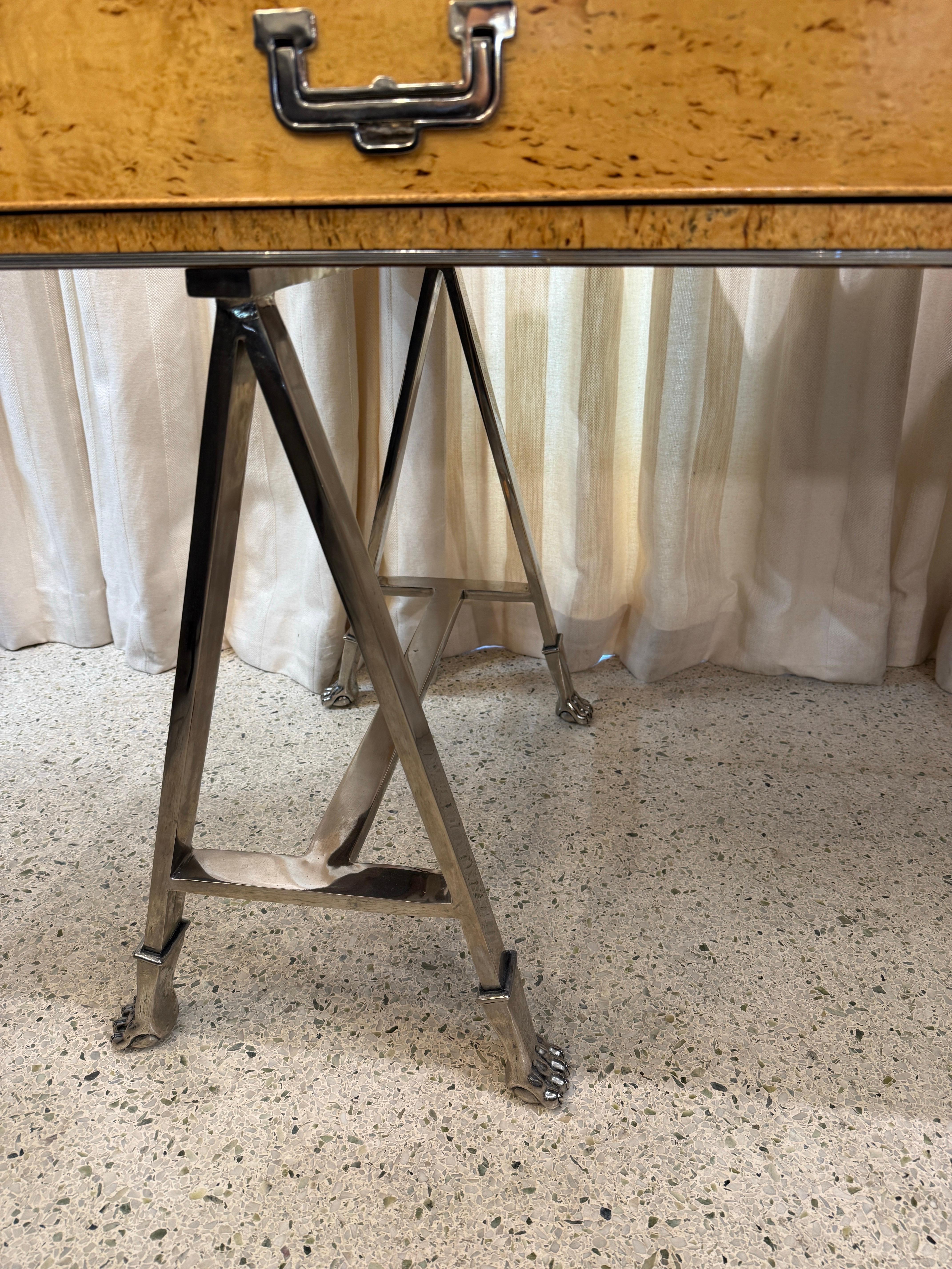 Italian Campaign Style Burlwood Desk on Steel Sawhorse Bases For Sale 4