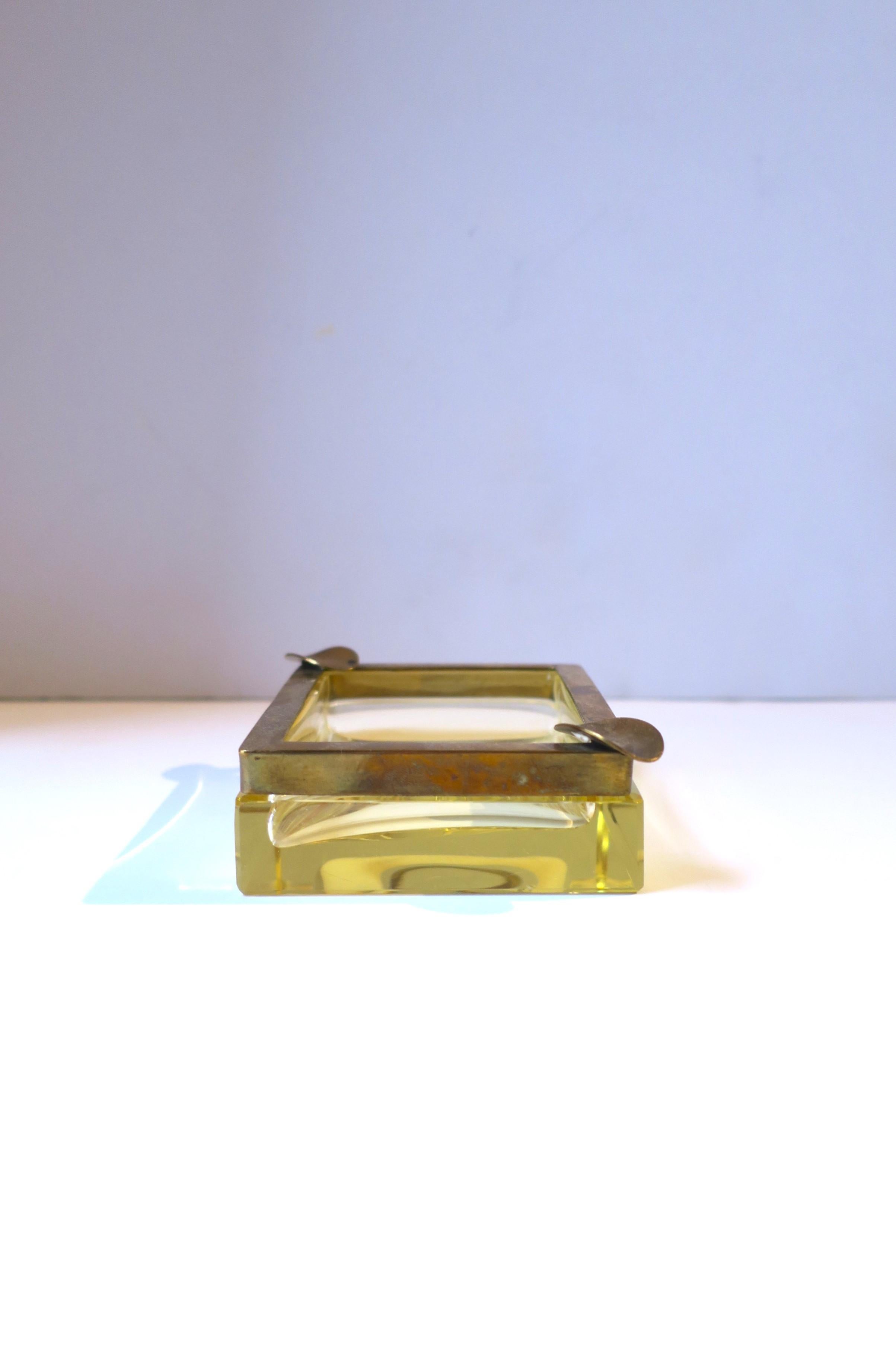 Mid-Century Modern Italian Canary Yellow Glass and Brass Ashtray, circa 1950s, Italy For Sale