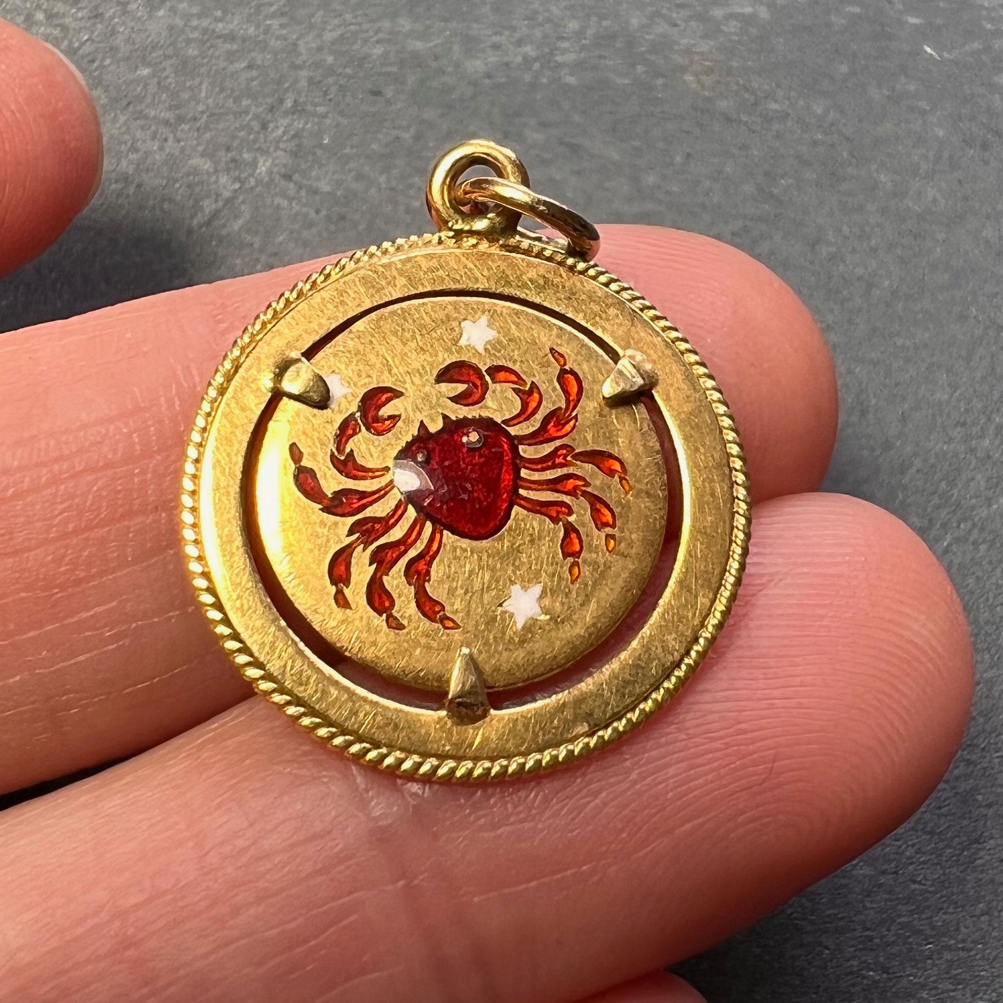 Women's Italian Cancer Crab Zodiac 18K Yellow Gold Enamel Charm Pendant For Sale
