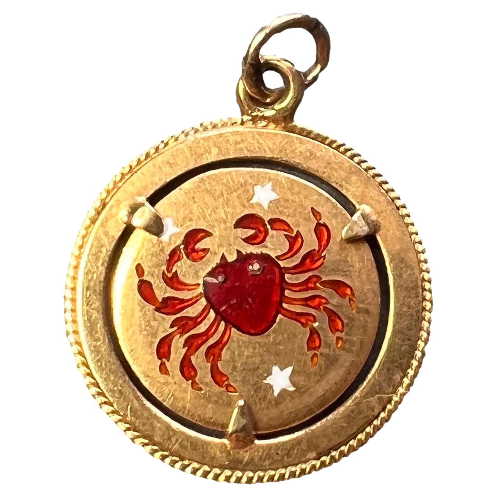 Italian Cancer Crab Zodiac 18K Yellow Gold Enamel Charm Pendant