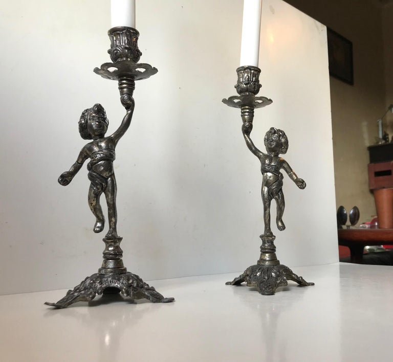 Revival Italian Candlesticks with Cherubs, 1950s For Sale