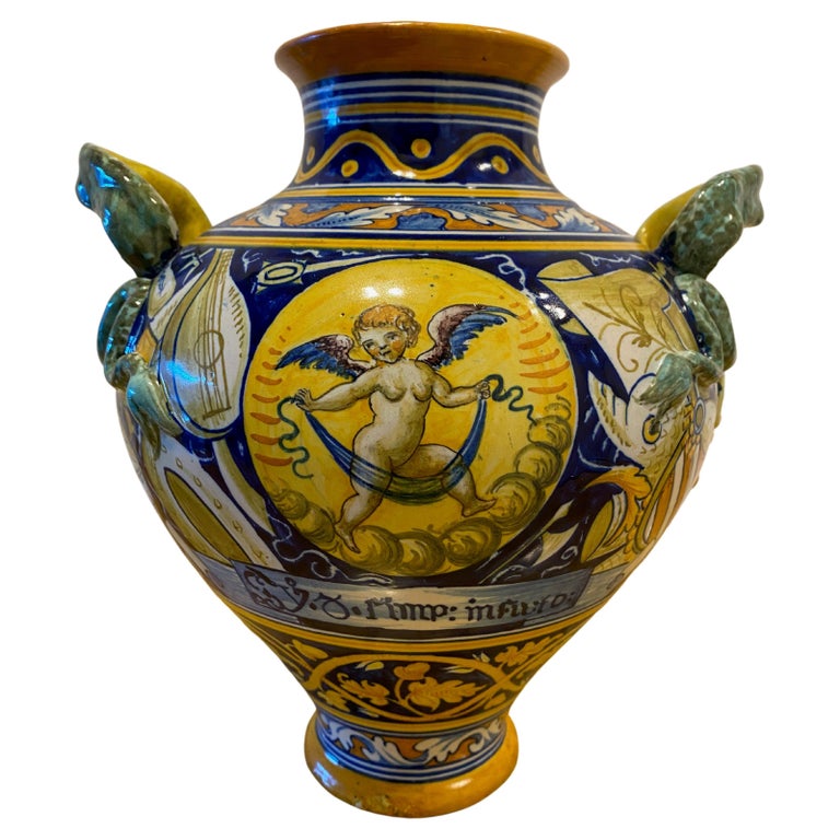 Italian Cantagalli Polychrome Majolica Vase, Late 19th Century For Sale