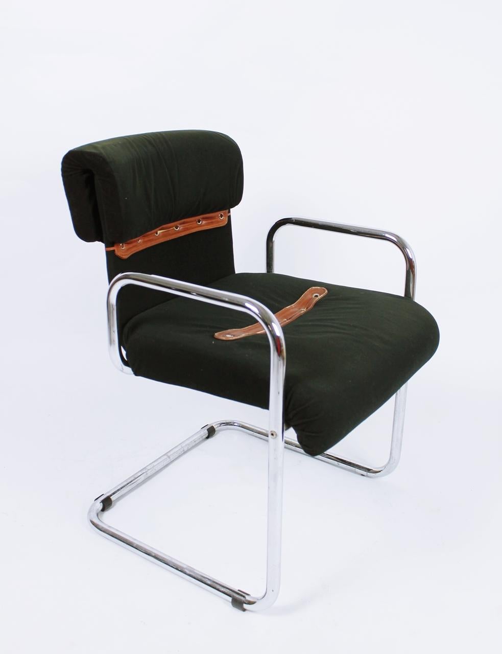 Rare fabric and chrome cantilever armchair designed by Guido Faleschini for Mariani. Retailed by Hermes, circa 1970
This set covered in fabric with leather detailing. All very comfortable indeed and with excellent vintage retro styling and all in