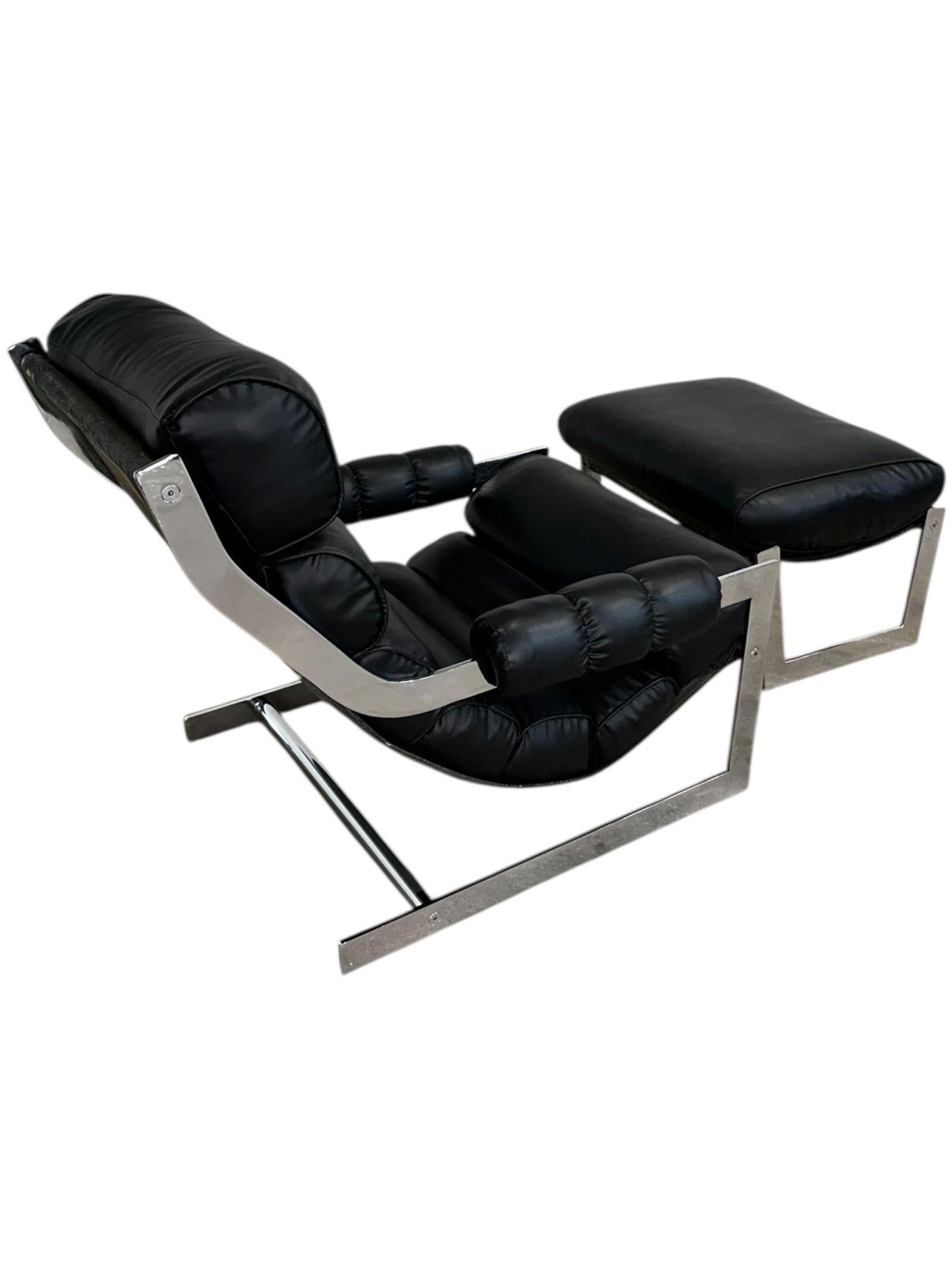 Italian Cantilever Chrome Lounge Chair and Ottoman, 1970.  Original leather
Chair measures 34” tall 31” wide 36” deep, seat height 16.5” 19” deep.  Ottoman 16” tall 27.75” wide 21” deep