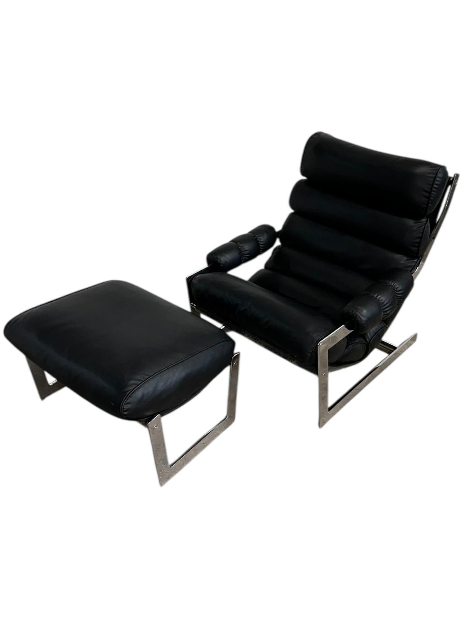 Mid-Century Modern Italian Cantilever Chrome Lounge Chair and Ottoman, 1970 For Sale