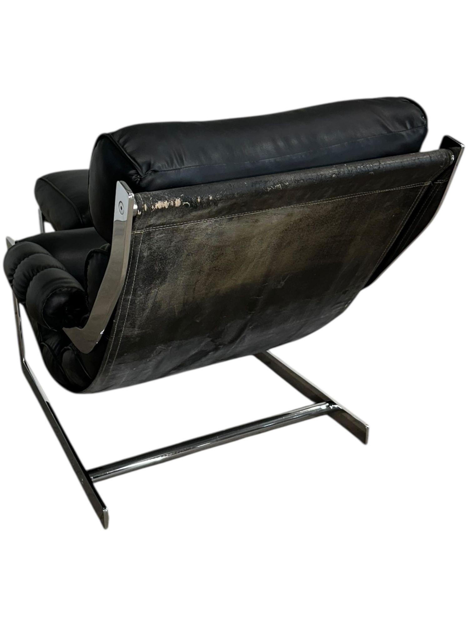 Leather Italian Cantilever Chrome Lounge Chair and Ottoman, 1970 For Sale