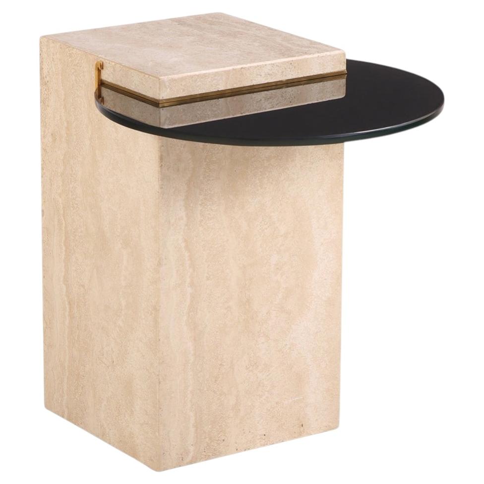 Italian Cantilevered Glass and Travertine Side Table.