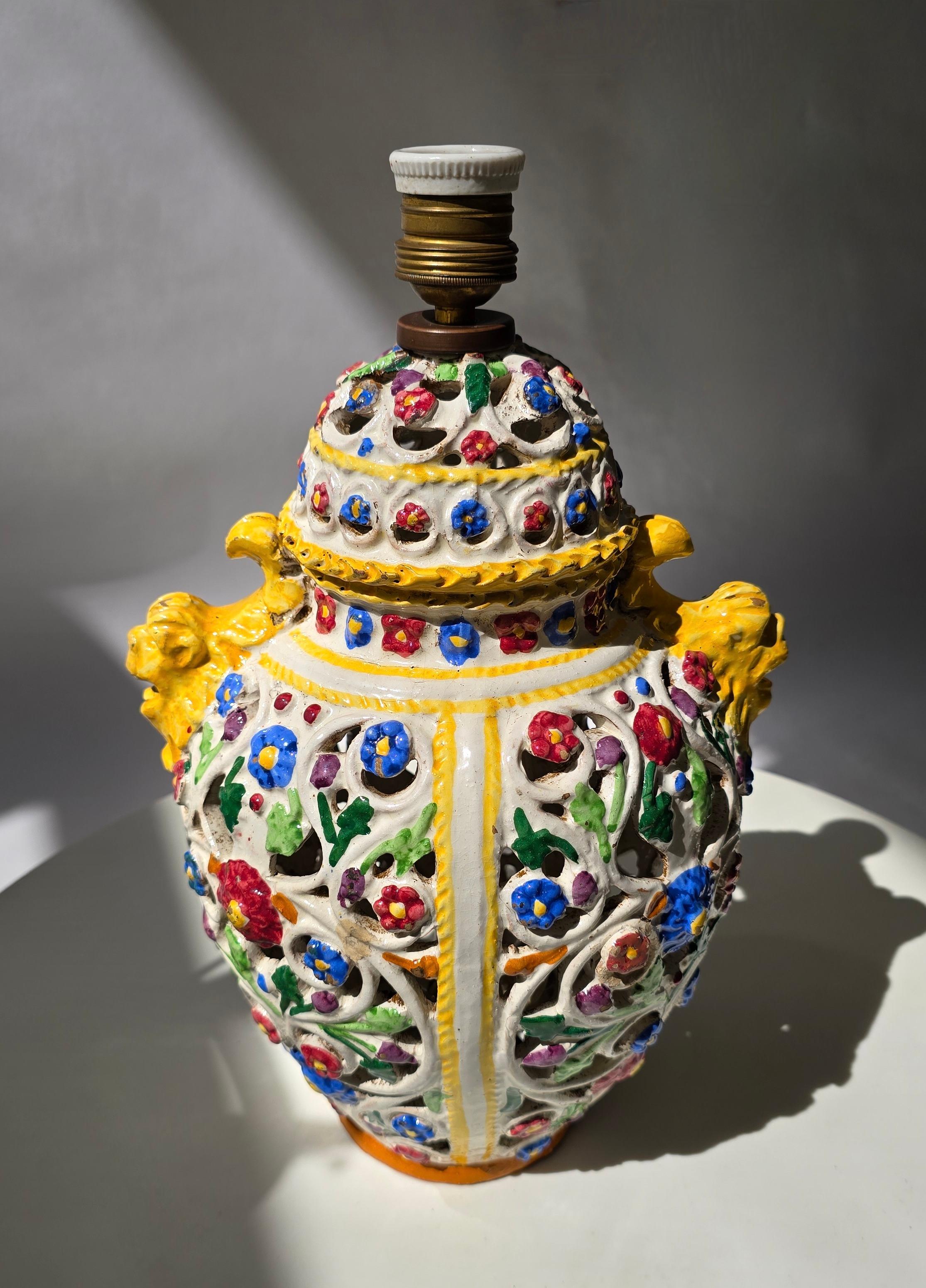 Mid-Century Modern Italian Capodimonte Majolica Table Lamp Base, Hand-Painted Floral Relief For Sale