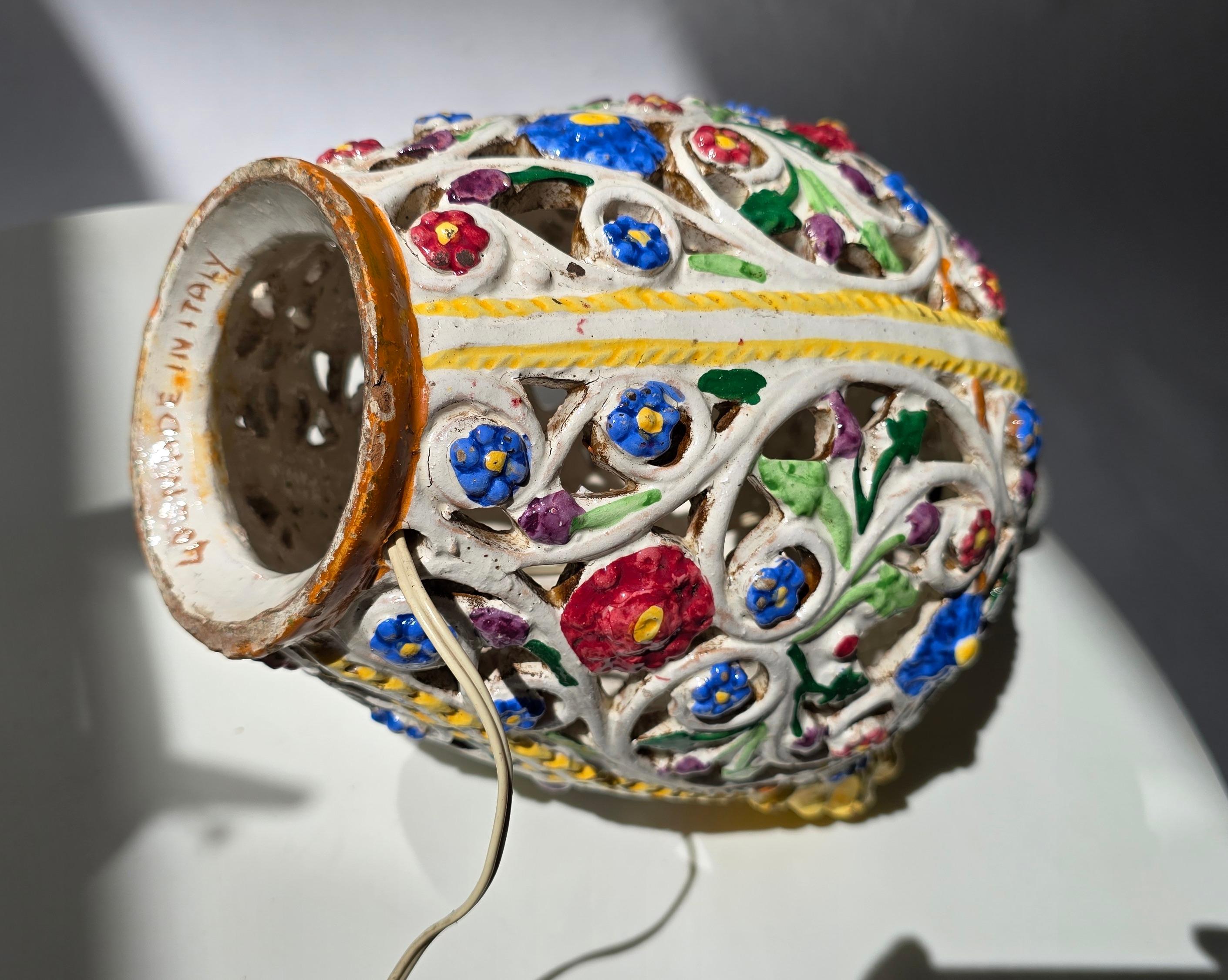20th Century Italian Capodimonte Majolica Table Lamp Base, Hand-Painted Floral Relief For Sale