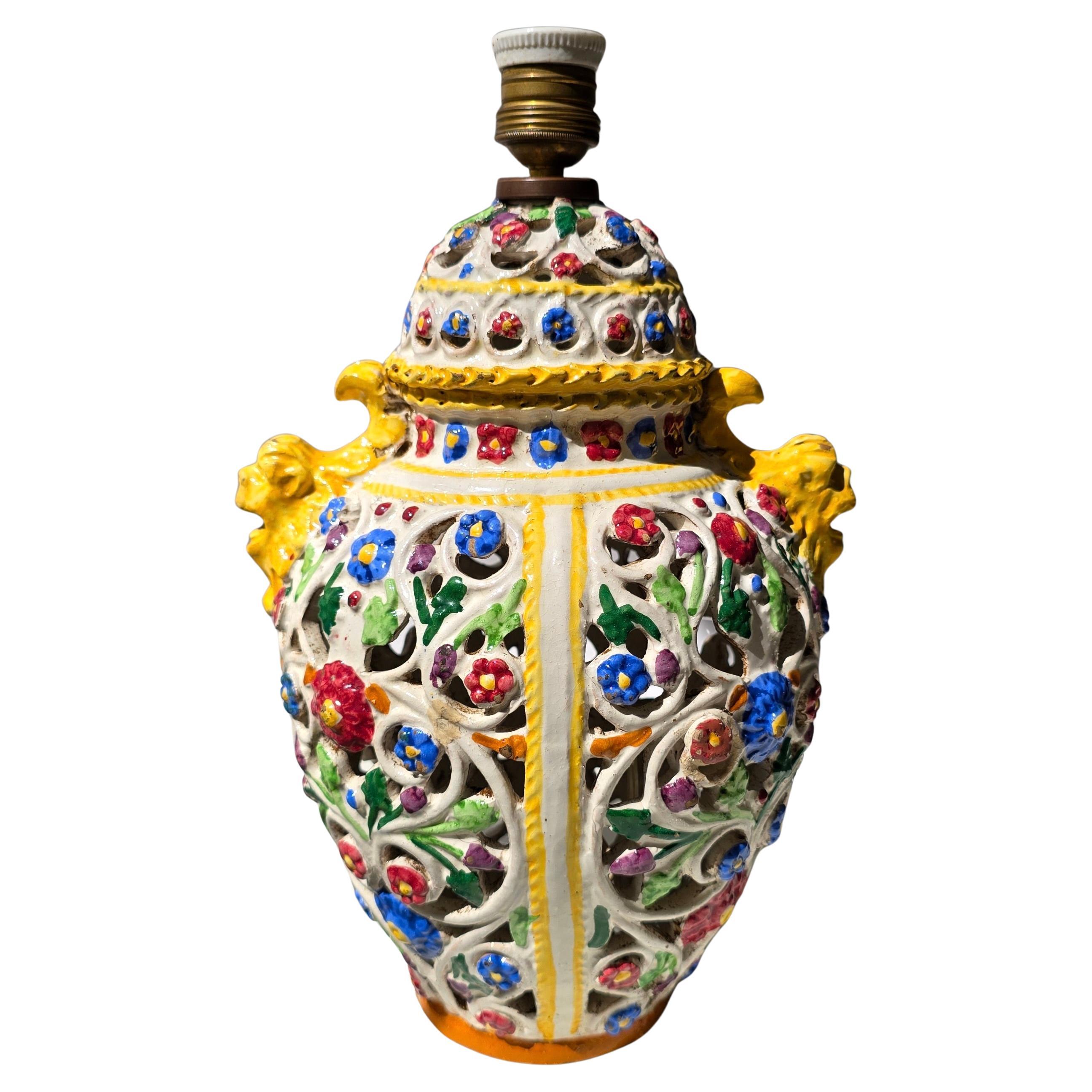 Italian Capodimonte Majolica Table Lamp Base, Hand-Painted Floral Relief For Sale