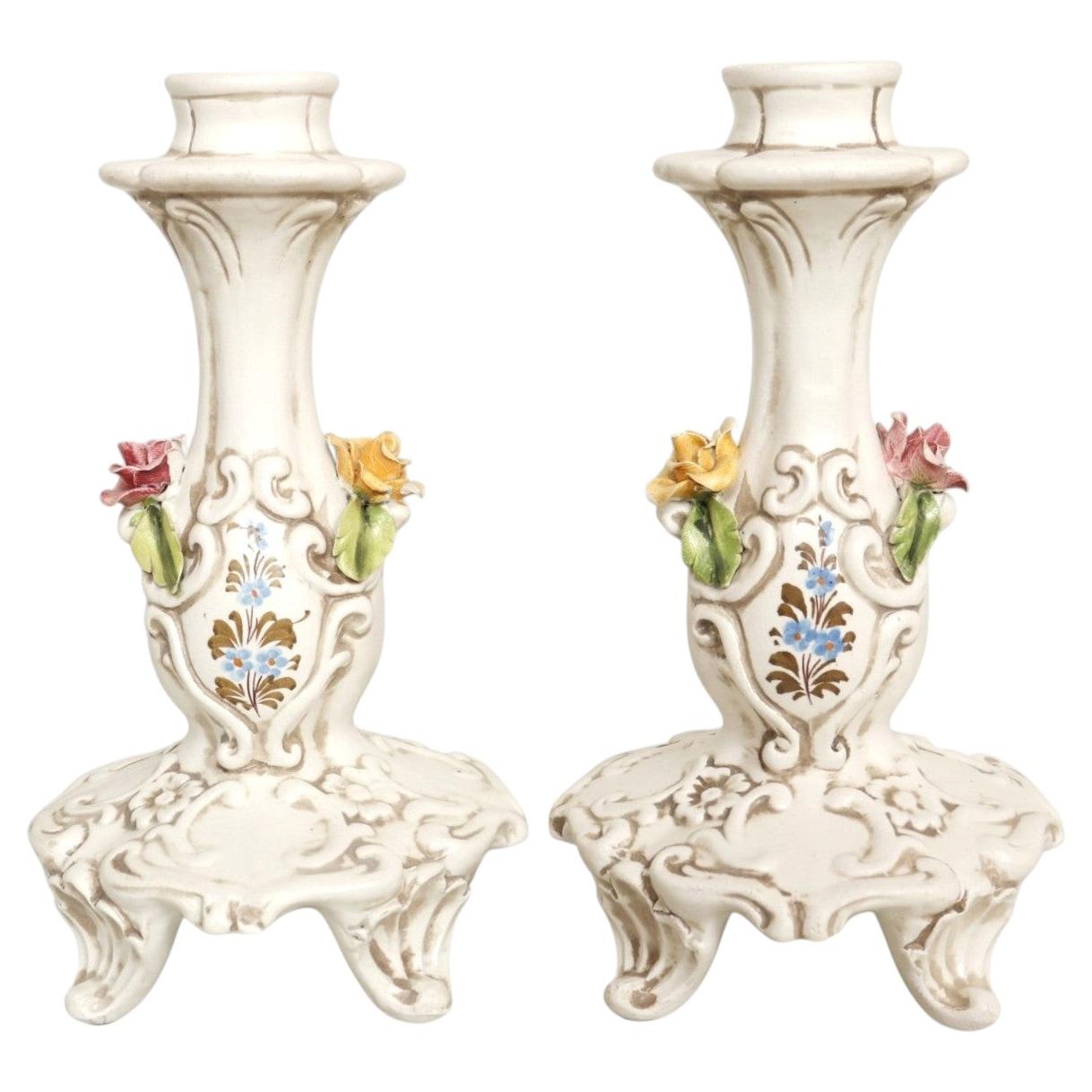 Italian Capodimonte Style Ceramic Candlestick Holders, a Pair