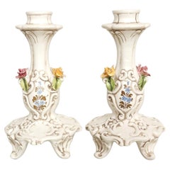 Italian Capodimonte Style Ceramic Candlestick Holders, a Pair
