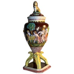 Italian Capodimonte Style Hand Painted Porcelain Repousse Cherub Urn