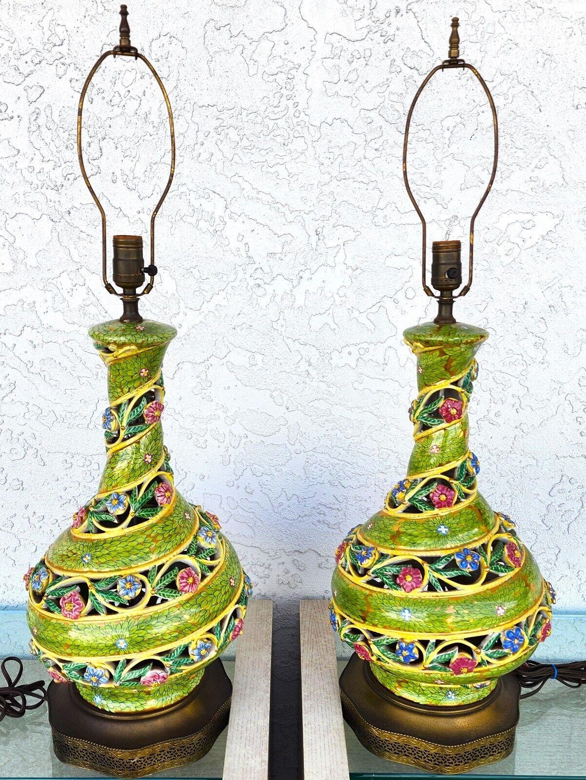 Brass Italian Capodimonte Table Lamps Vintage Pair