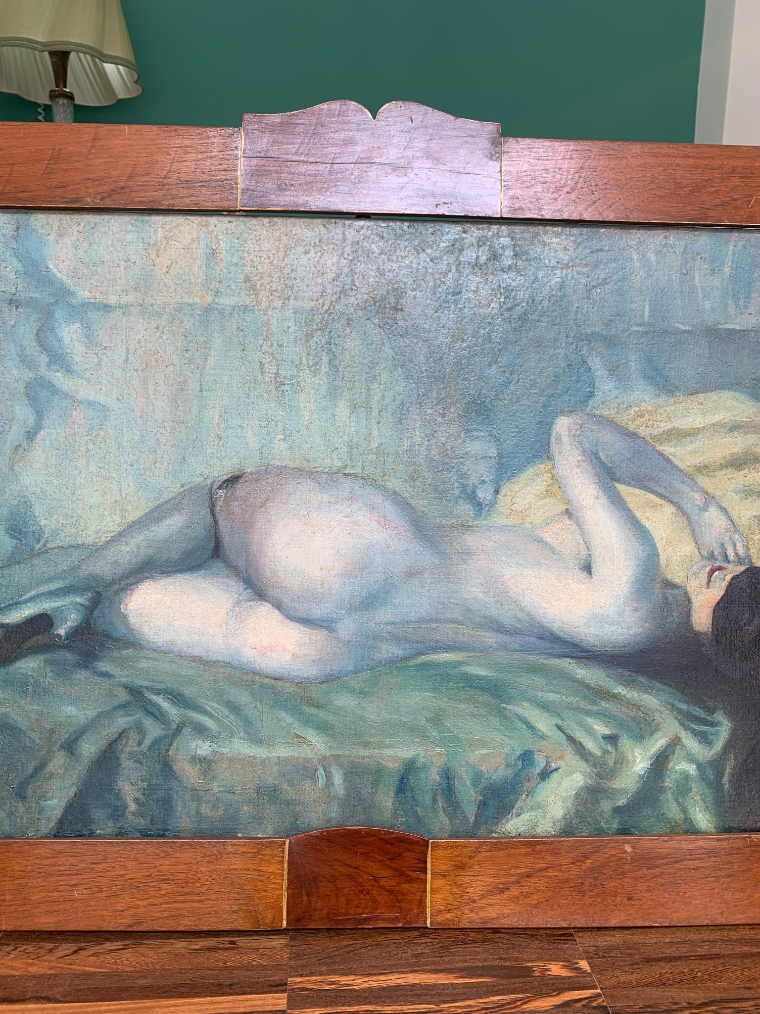 Art Nouveau Italian Capoletto Oil Painting on Canvas of a Lady Lying Early 20th Century