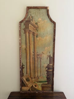 Italian Capriccio Landscape Painting with Classical Ruins in Shaped Gilt Frame