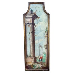 Italian Capriccio Landscape Painting with Classical Ruins in Shaped Gilt Frame