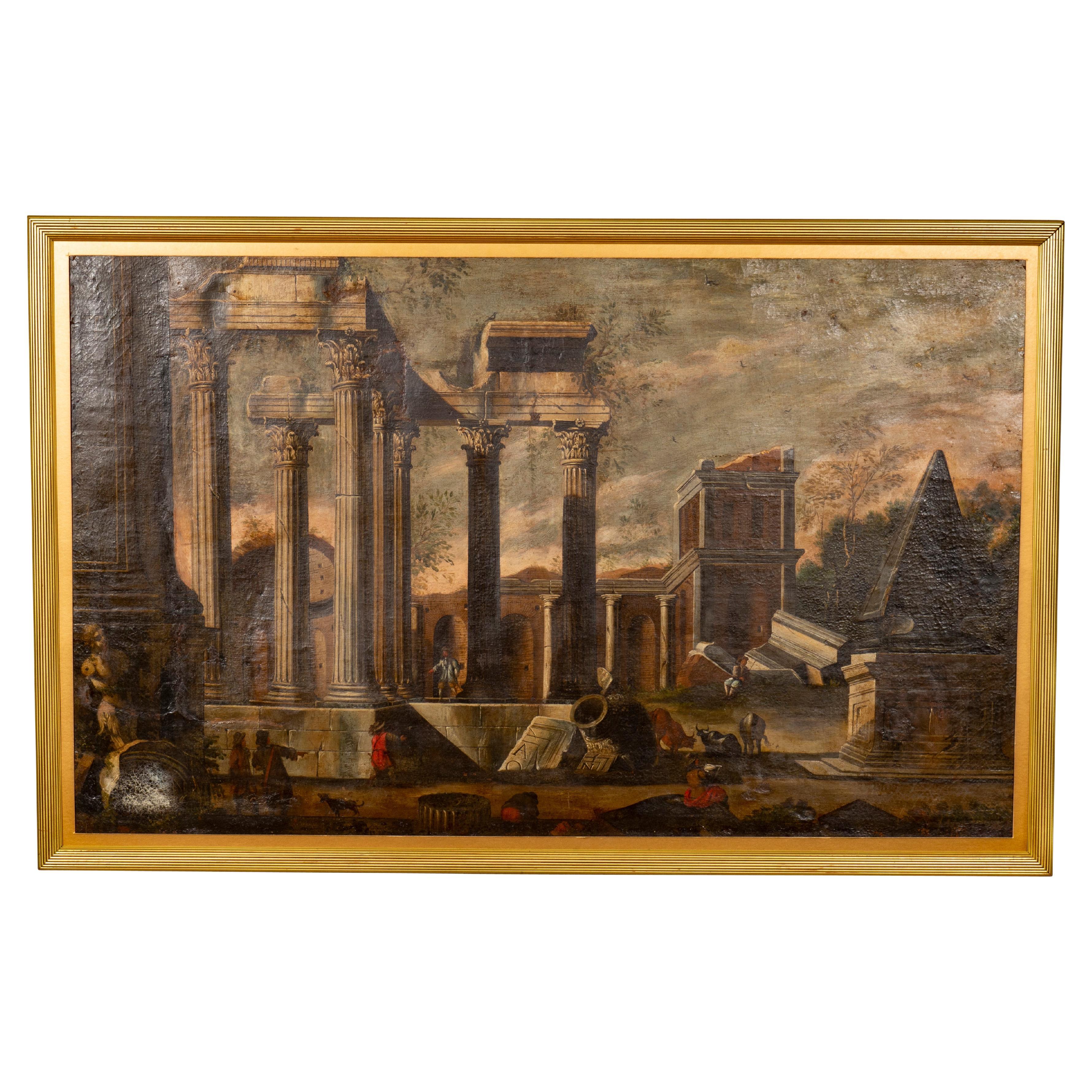 Italian Capriccio Oil Painting Of Roman Ruins