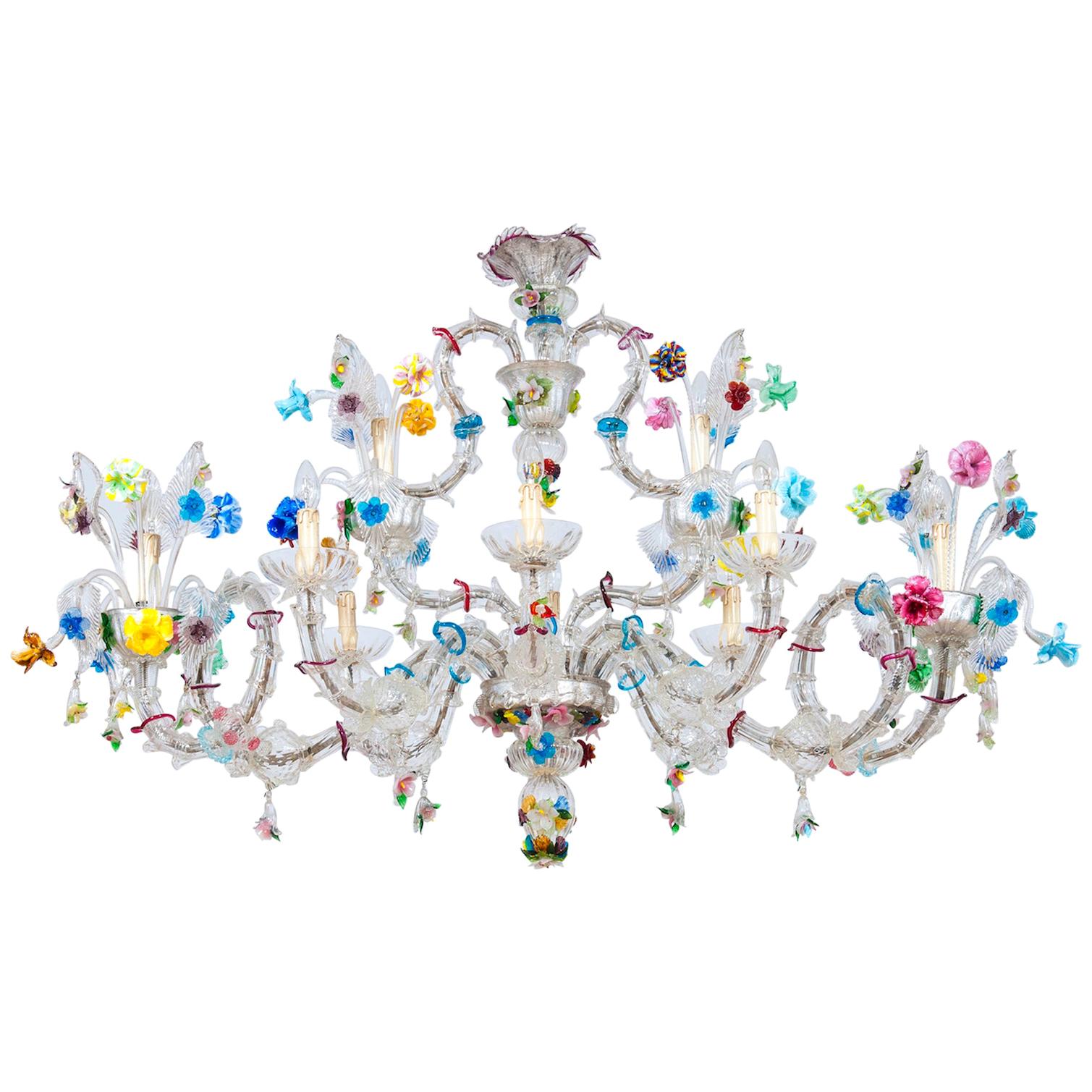Italian Ca'Rezzonico Gondola Chandelier with Colorful Flowers and Leaves, 1960s