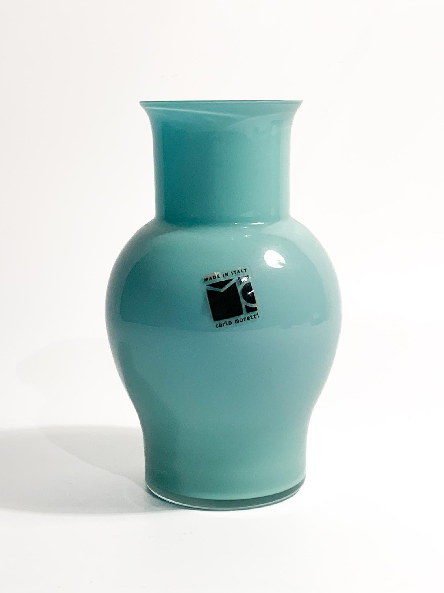 Mid-Century Modern Italian Carlo Moretti Blue Opaline Vase in Murano Glass 1980s