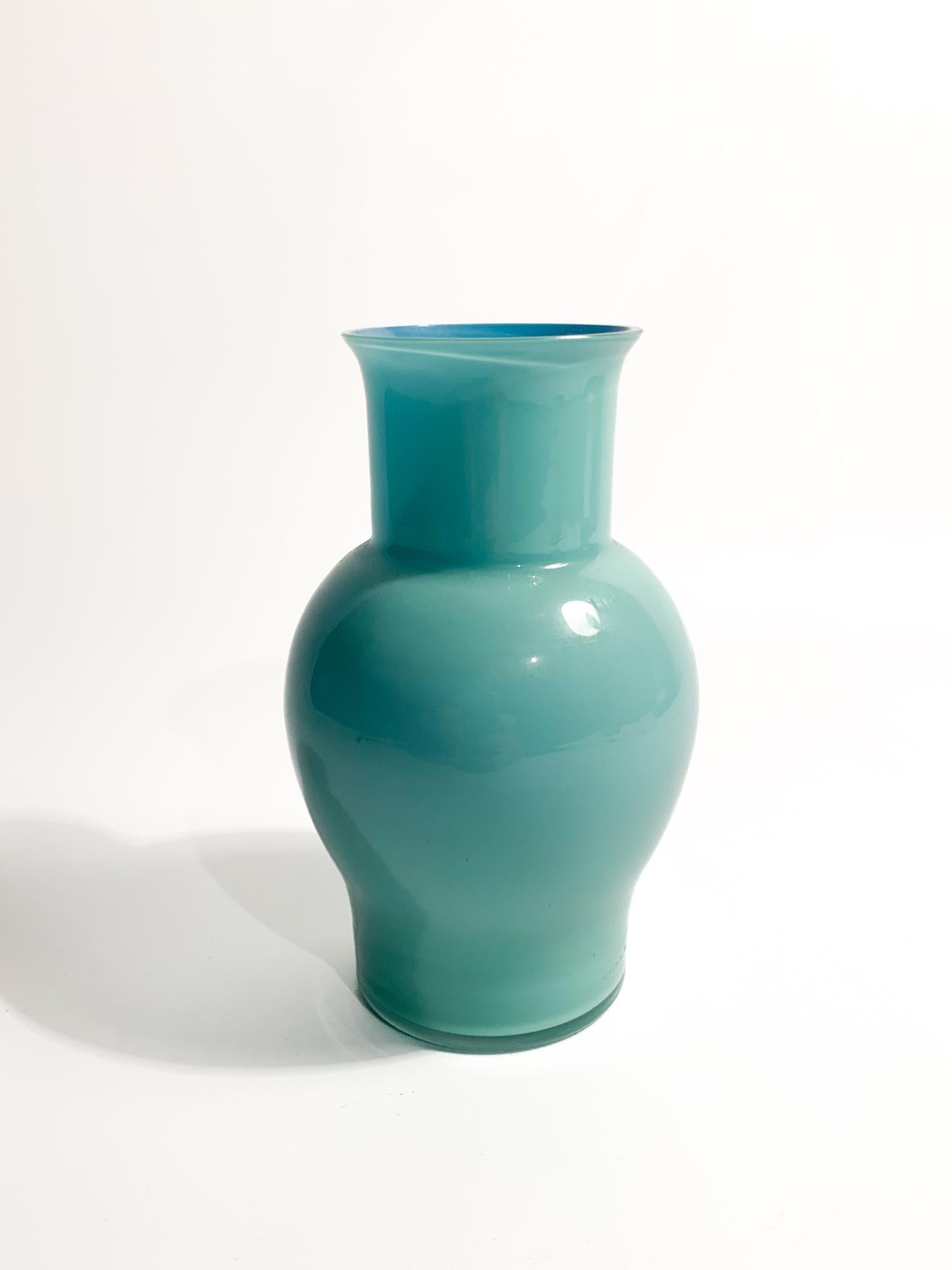 Late 20th Century Italian Carlo Moretti Blue Opaline Vase in Murano Glass 1980s