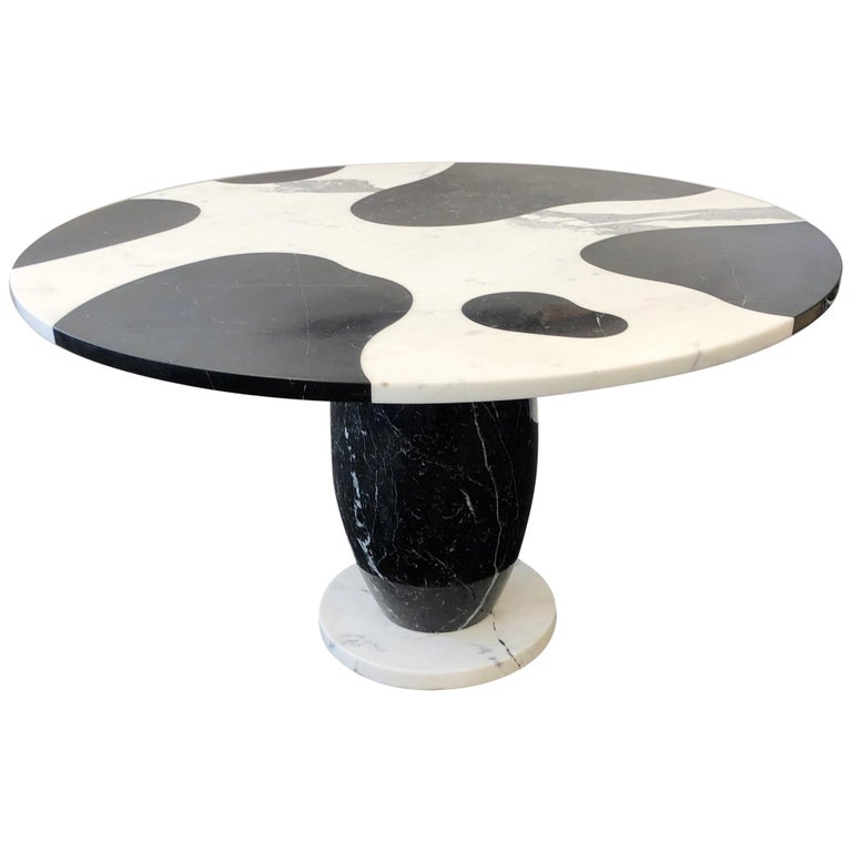 Italian Carrara and black marble dining table, 1980s, offered by a La MOD INC