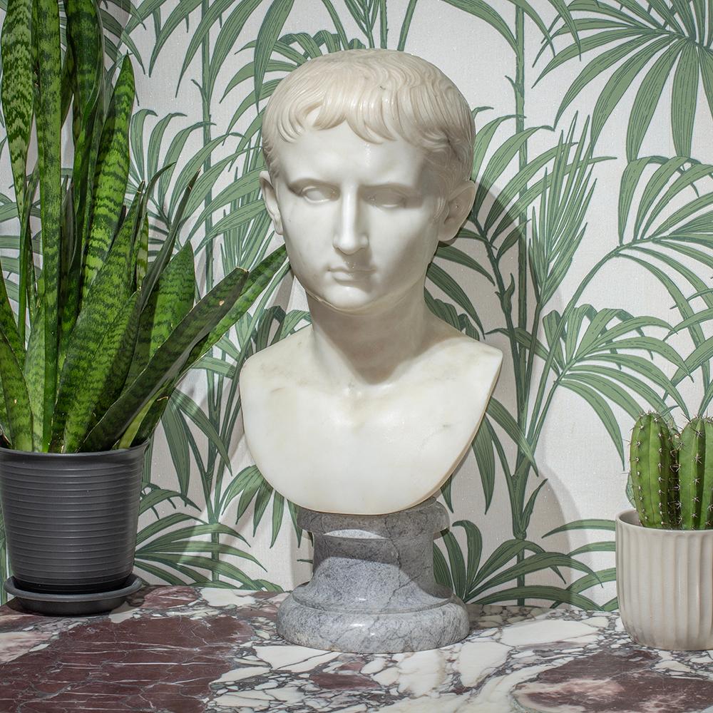 The bust intricately carved from Italian Carrara marble with lifelike features including textured hair and shaped chest. The bust carved as Gaius Julius Caesar Augustus Octavius (later Octavian). The bust stands on circular grey marble socle with
