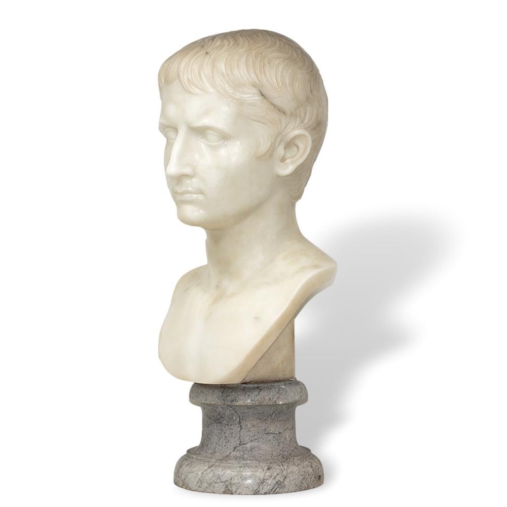 Hand-Carved Italian Carrara Marble Bust Augustus Caesar For Sale