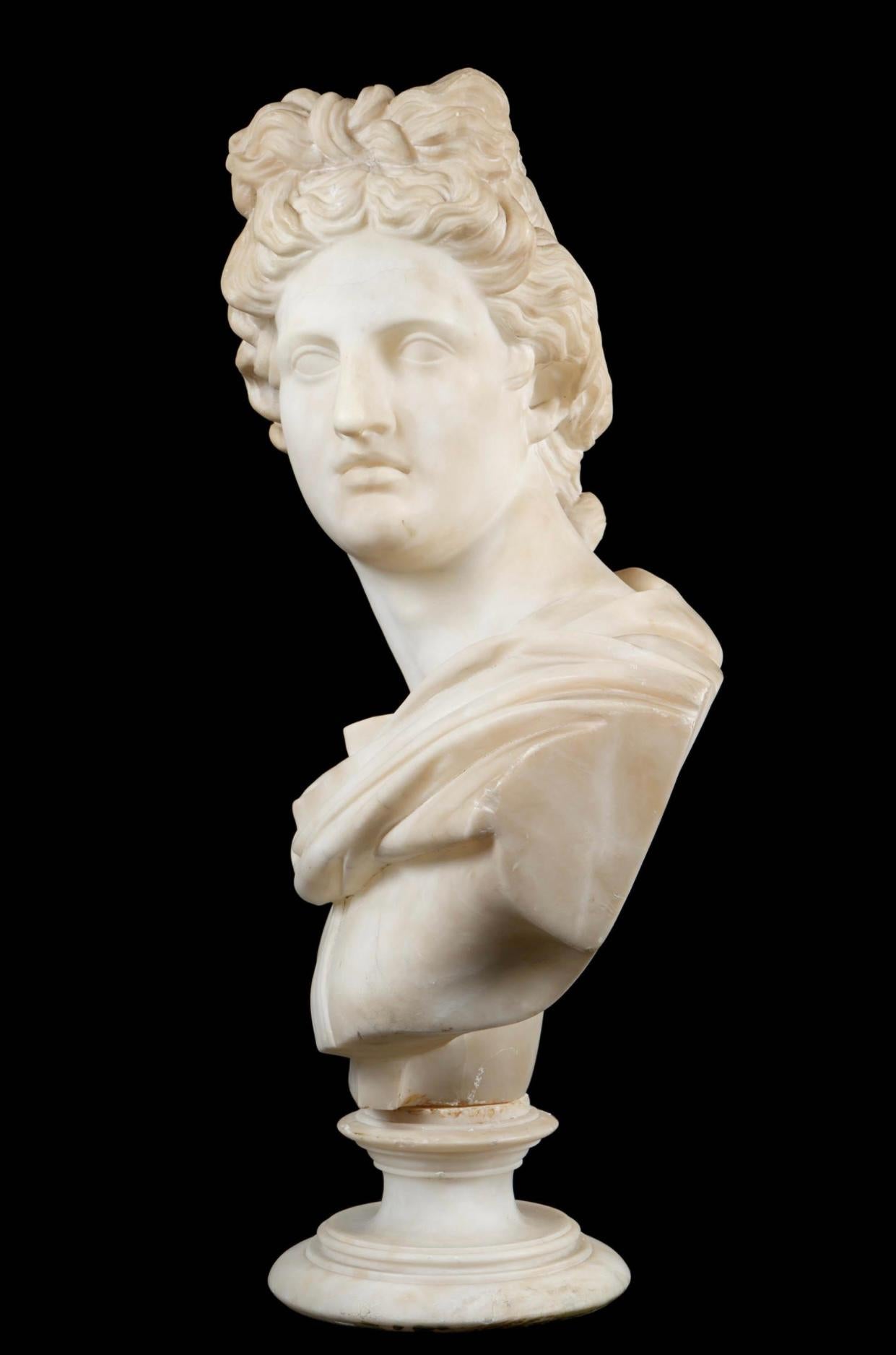 Neoclassical Italian Carrara Marble Bust of Apollo