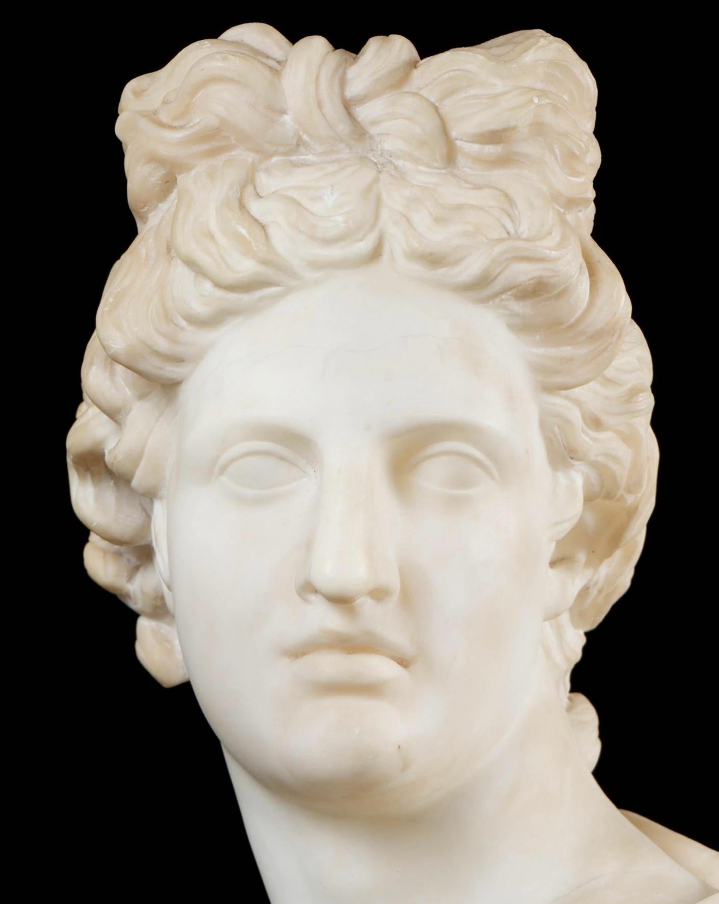 Hand-Carved Italian Carrara Marble Bust of Apollo