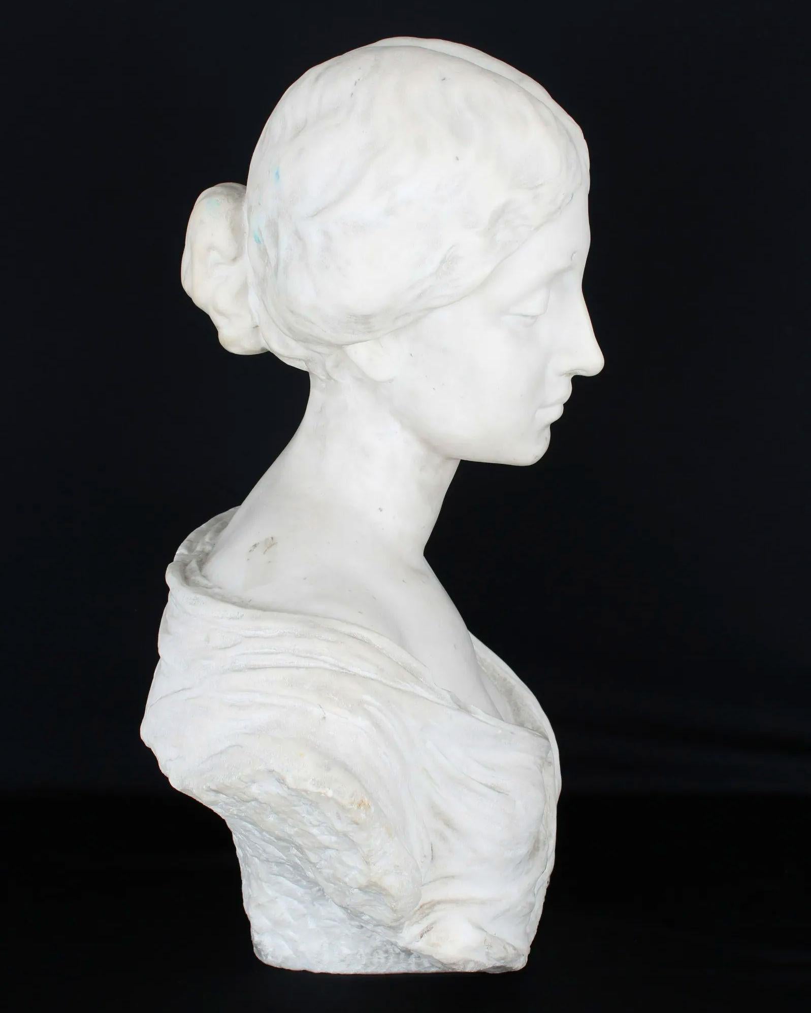 Hand-Carved Italian Carrara Marble Bust of Female by Eduardo Rossi For Sale