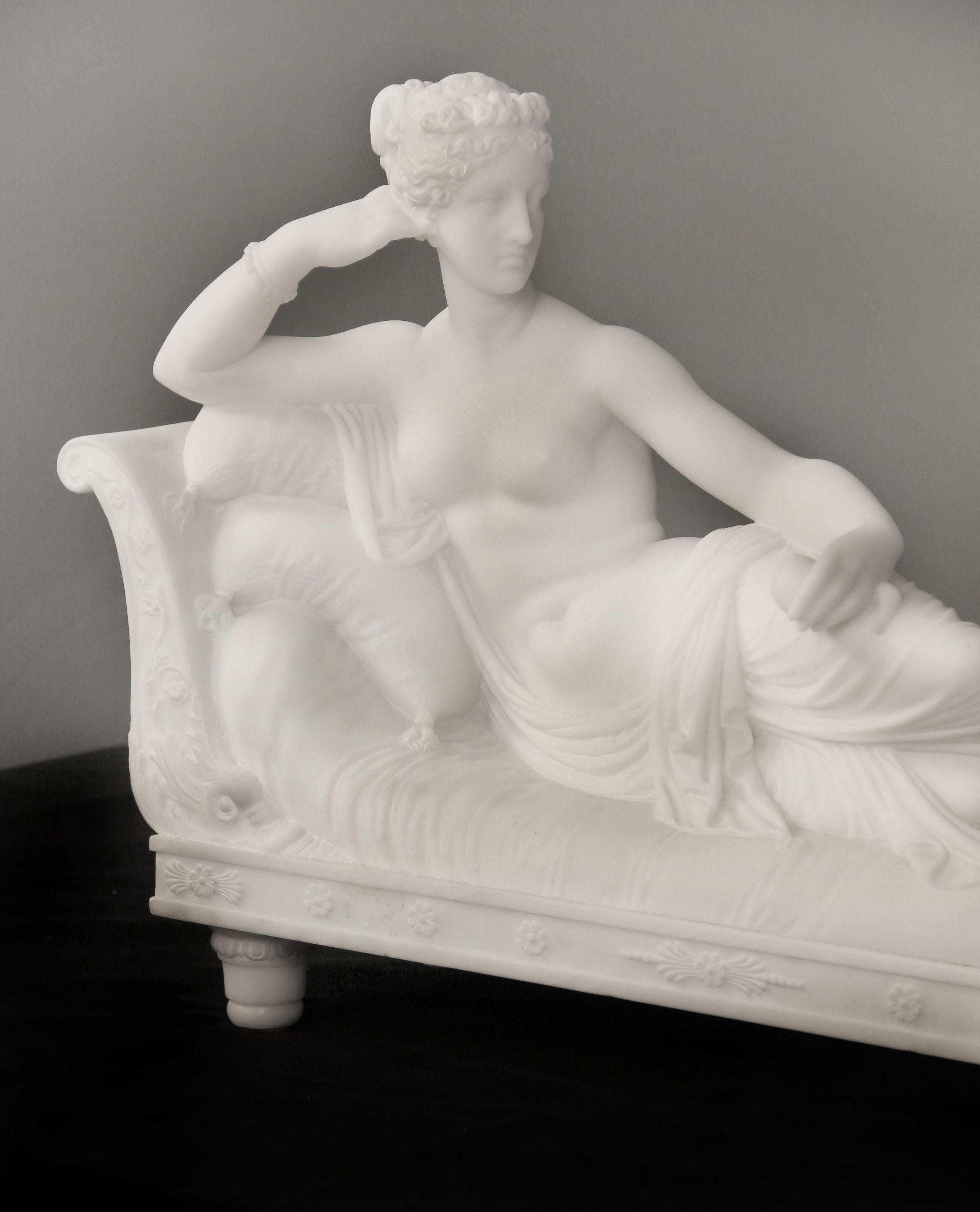 Fantastic Early 20th Century Italian White Carrara Marble of a Nude Woman Reclining

After Pasquale Romanelli

Depicting Paolina Borghese (Napoleon's Sister) as Venus Victrix, after the very famous model by Antonio Canova.

Inscribed 