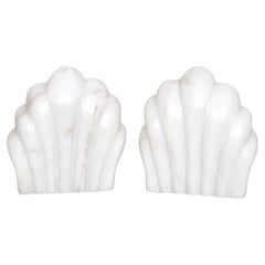Italian Carrara Marble Scallop Shell Bookends, a Pair