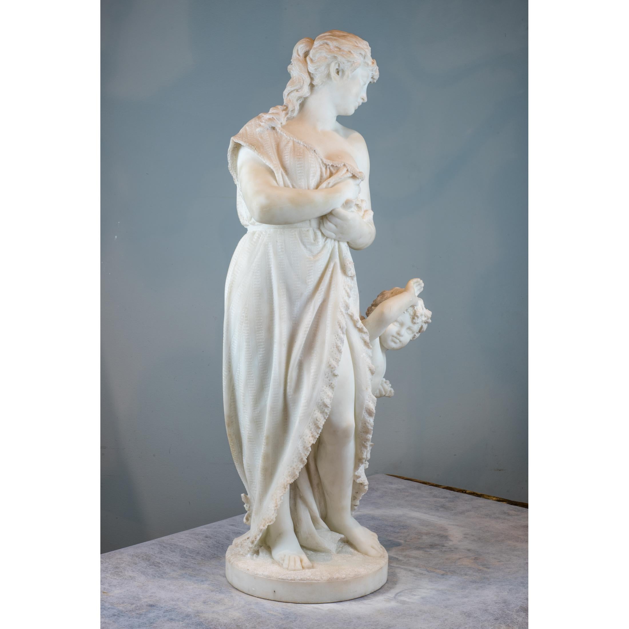 Mármol italiano de Carrara finamente tallado 

Título: Amore E Psiche
Artista: Pasquale Romanelli (1812-1887)
Origen: italiano
Fecha: siglo XIX
Firma: Firmado Prof. P. Romanelli/Firenze
Dimensiones: Estatua: altura 30½ pulg. x 12 1/2 pulg.
 