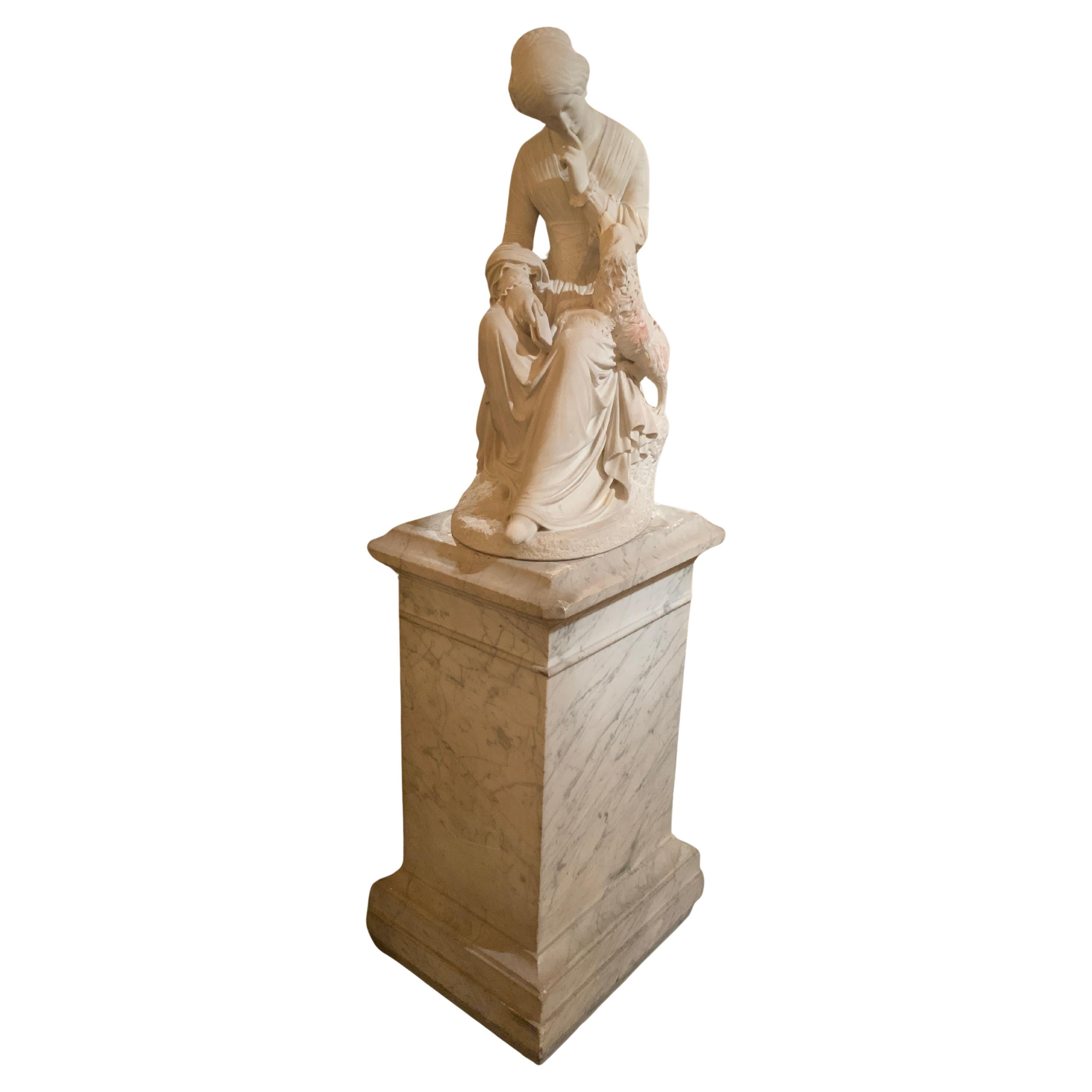 Italian Carrara marble statue of a Victorian lady with her dog For Sale
