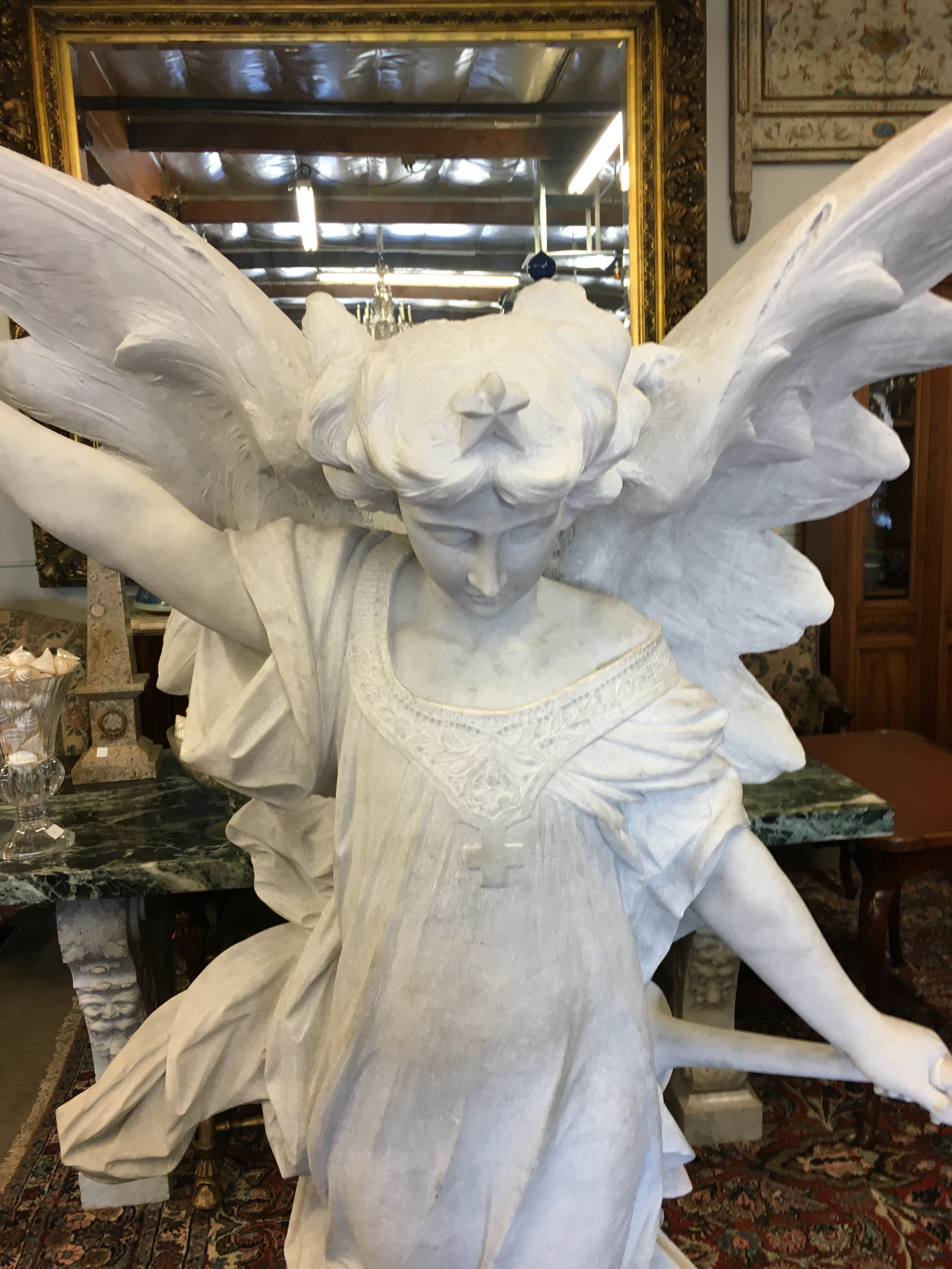 Italian Carrara Marble Winged Angel, circa 19th Century For Sale 1