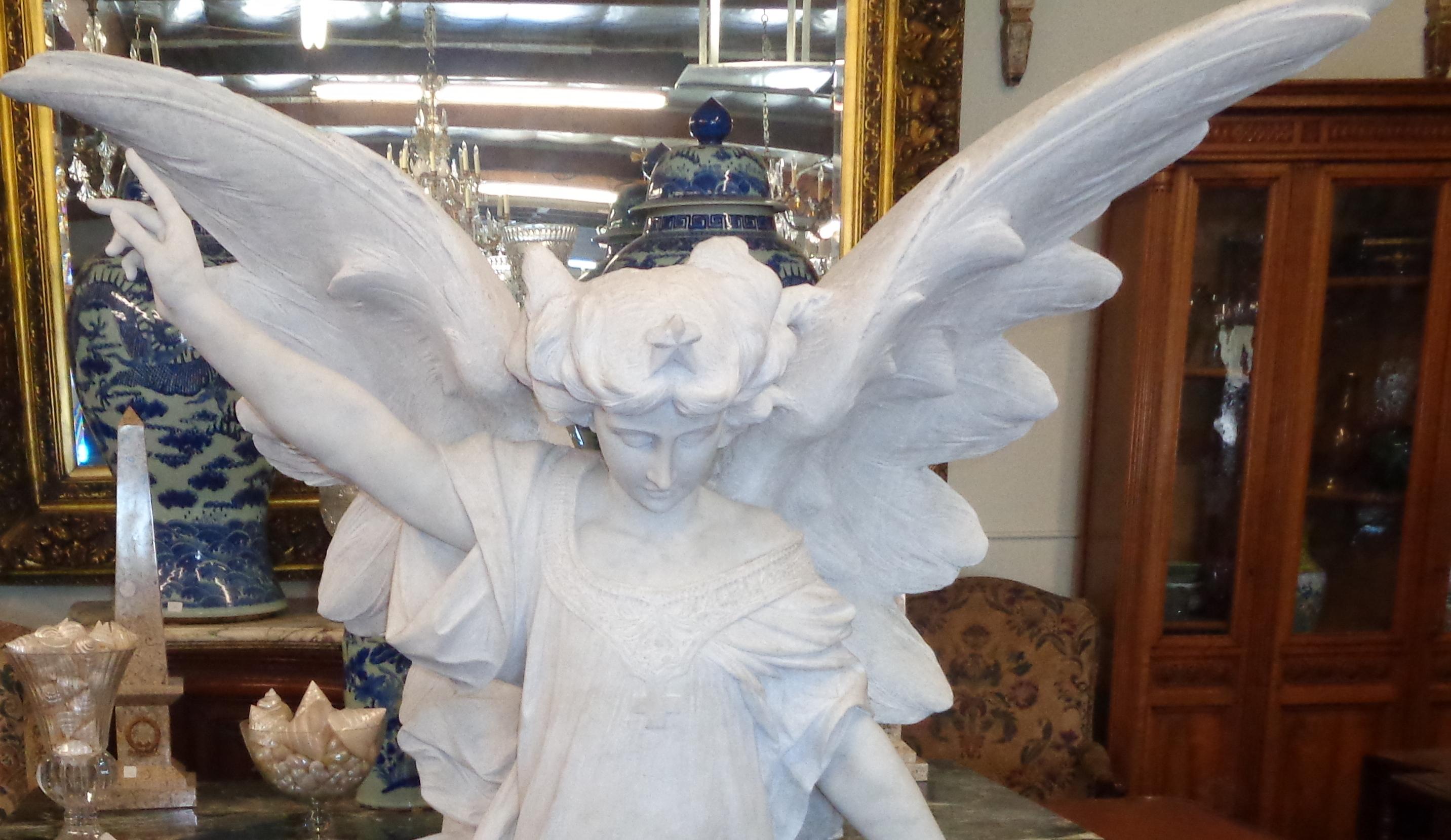 Italian Carrara Marble Winged Angel, circa 19th Century For Sale 2