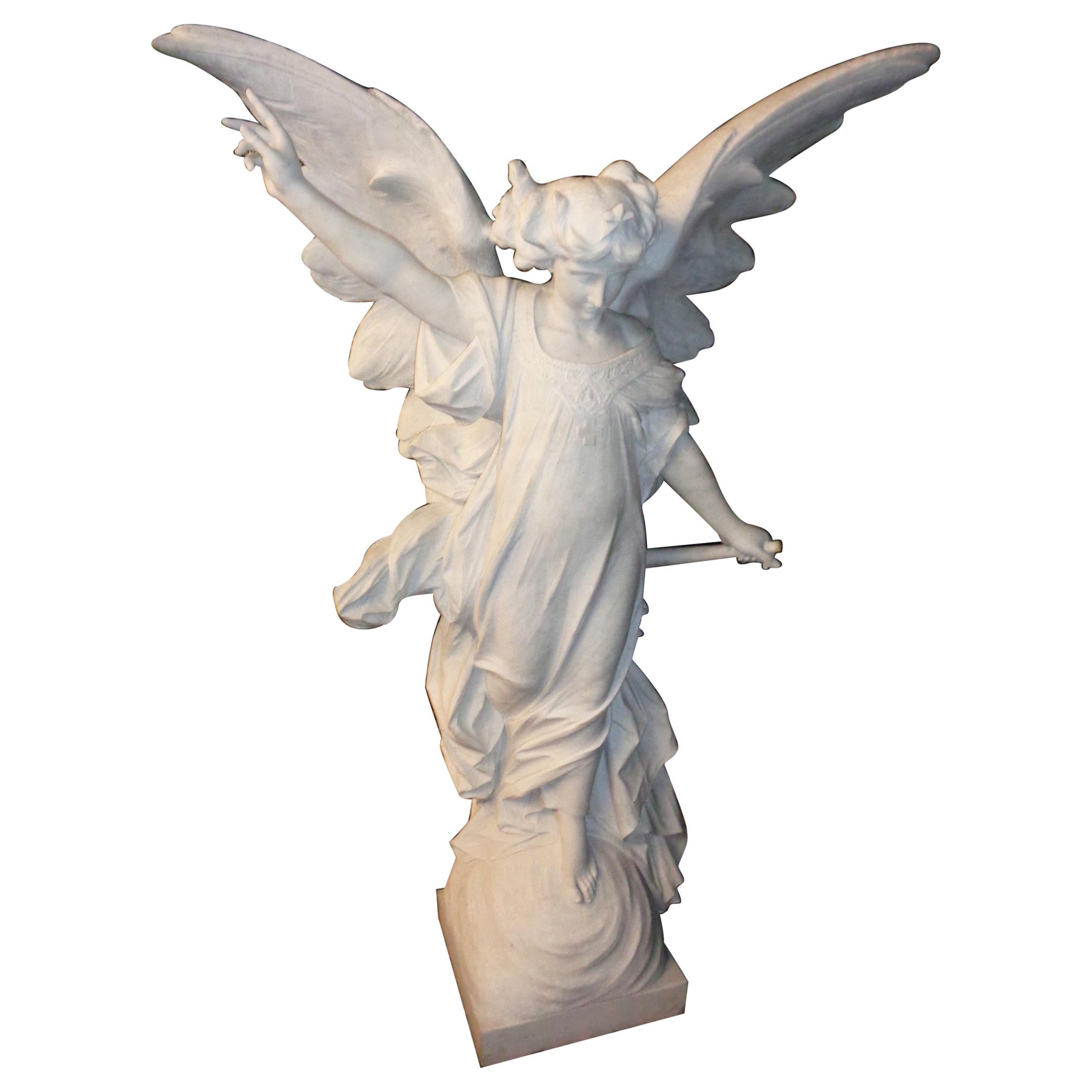 Italian Carrara Marble Winged Angel, circa 19th Century For Sale 3