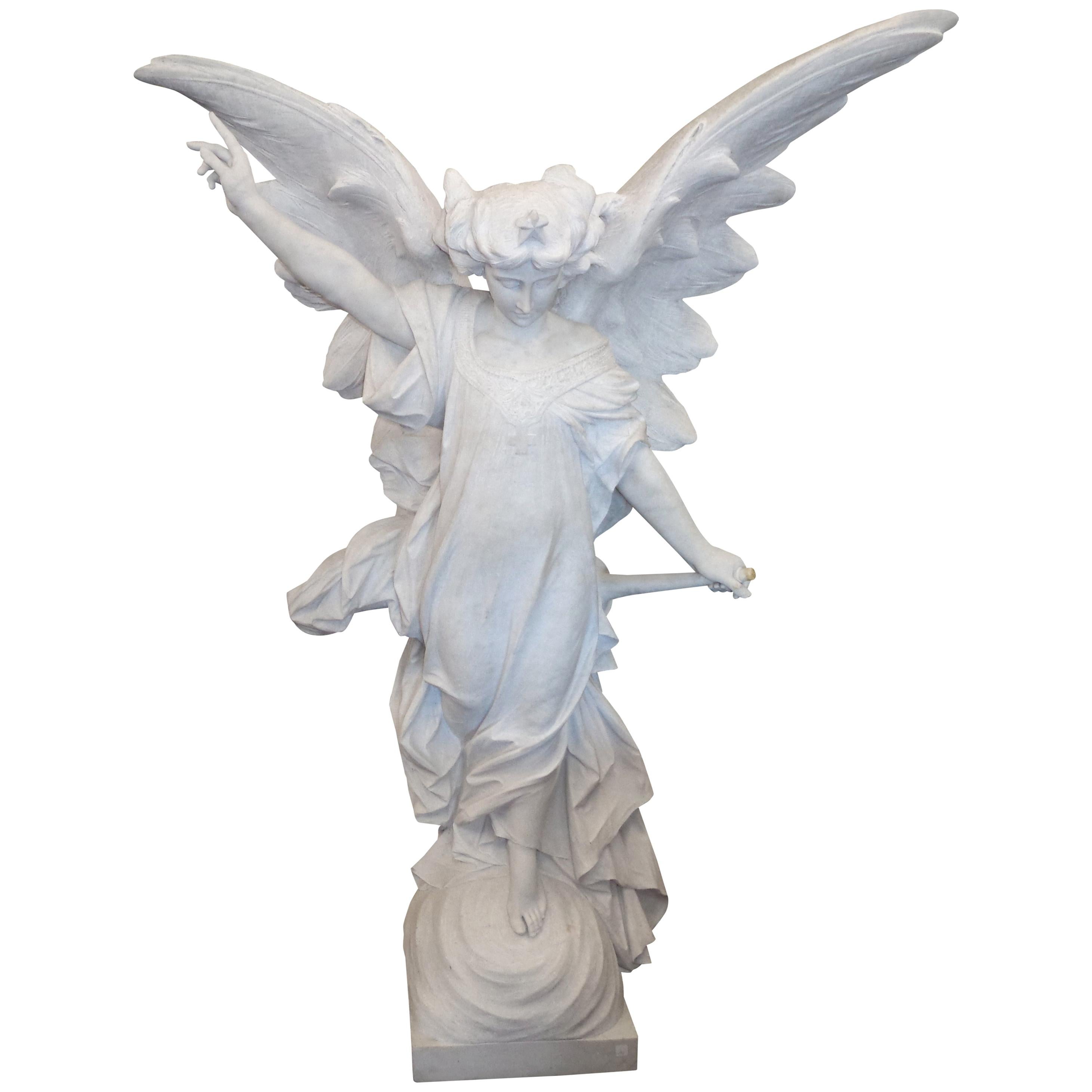 Italian Carrara Marble Winged Angel, circa 19th Century For Sale