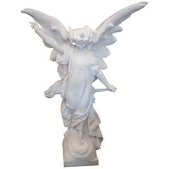 Italian Carrara Marble Winged Angel, circa 19th Century