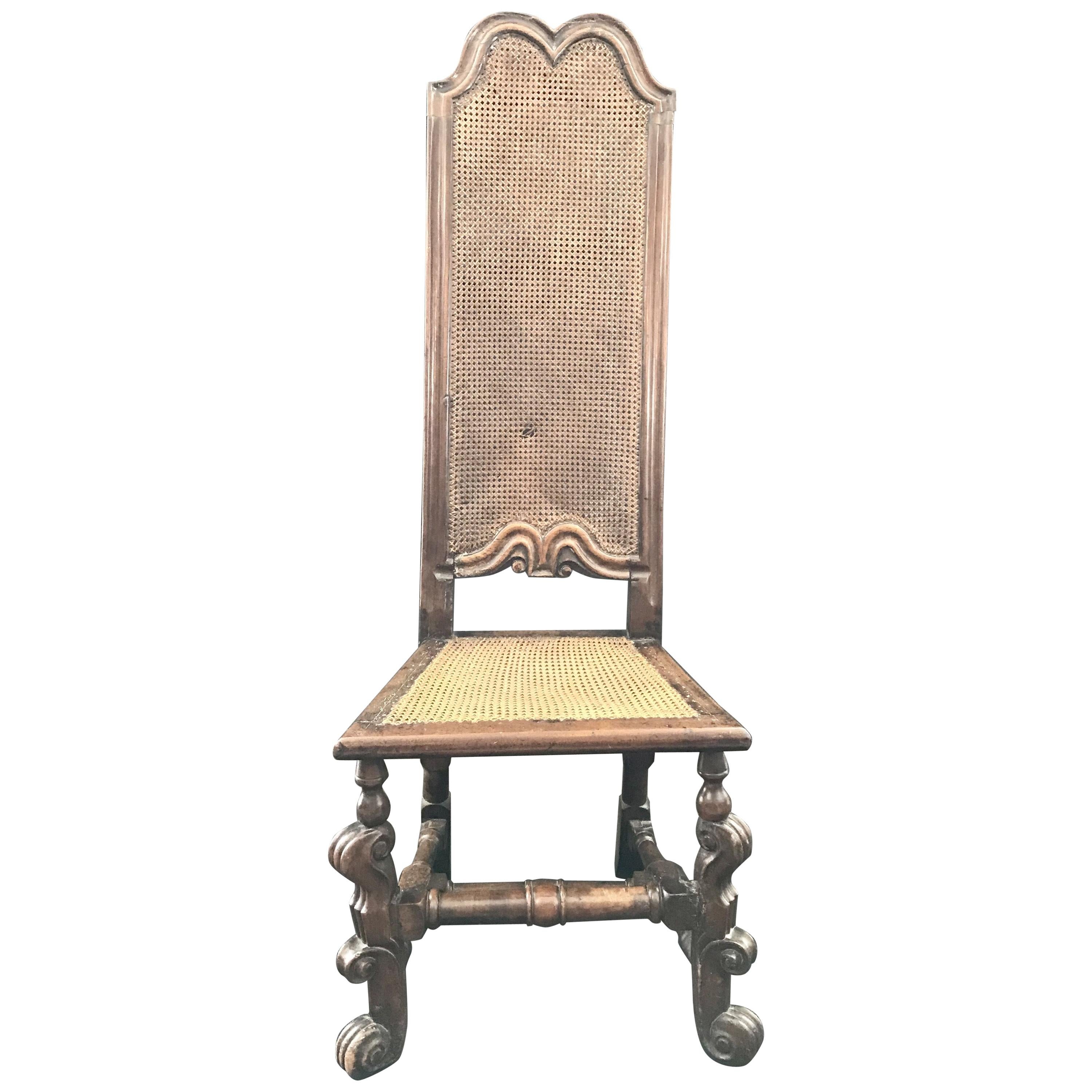 Italian Carved 18th Century Tall Back Caned Chair For Sale