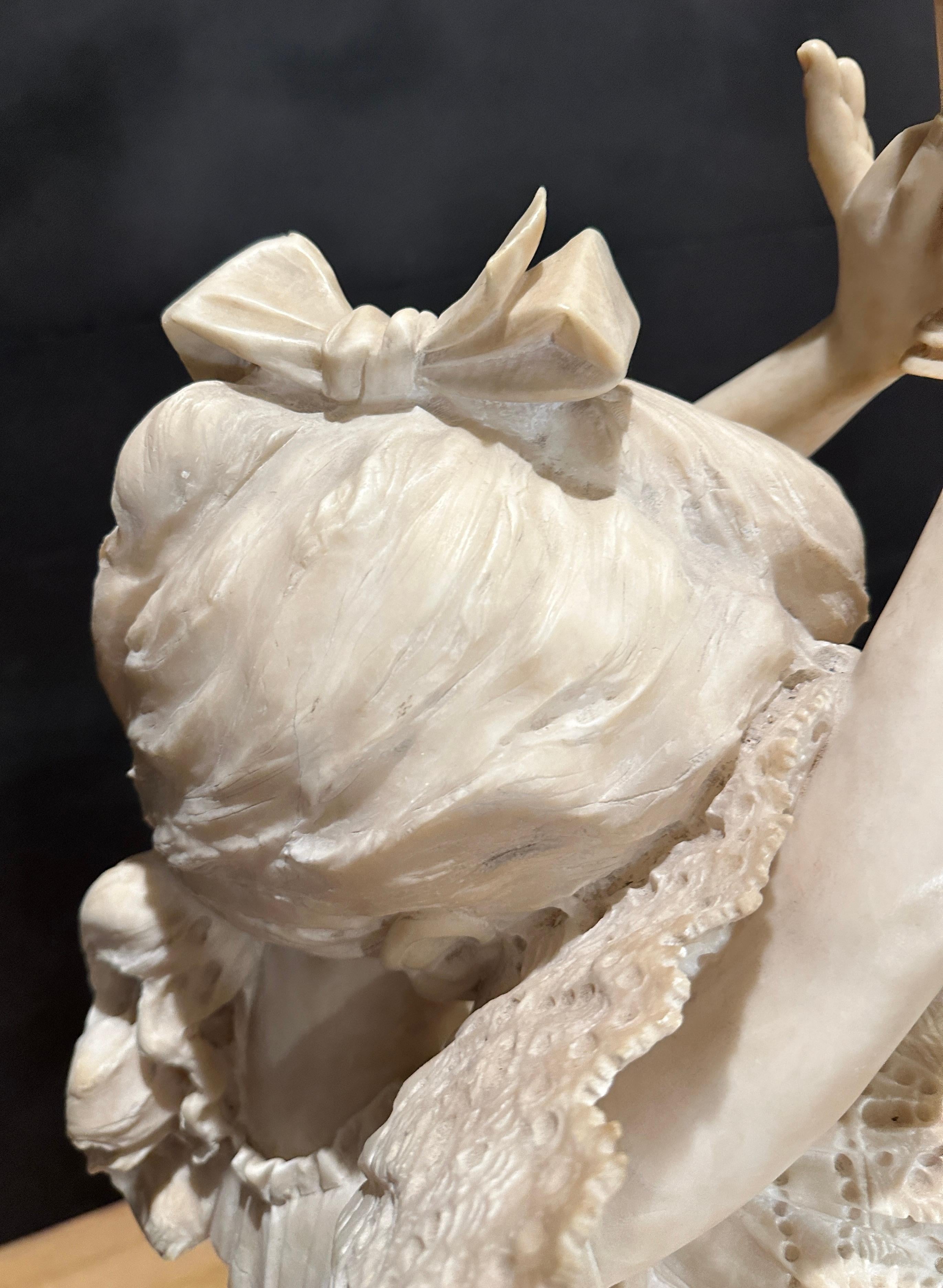 Italian Carved Alabaster And Marble Bust Of Young Girl By Antonio Frilli For Sale 6