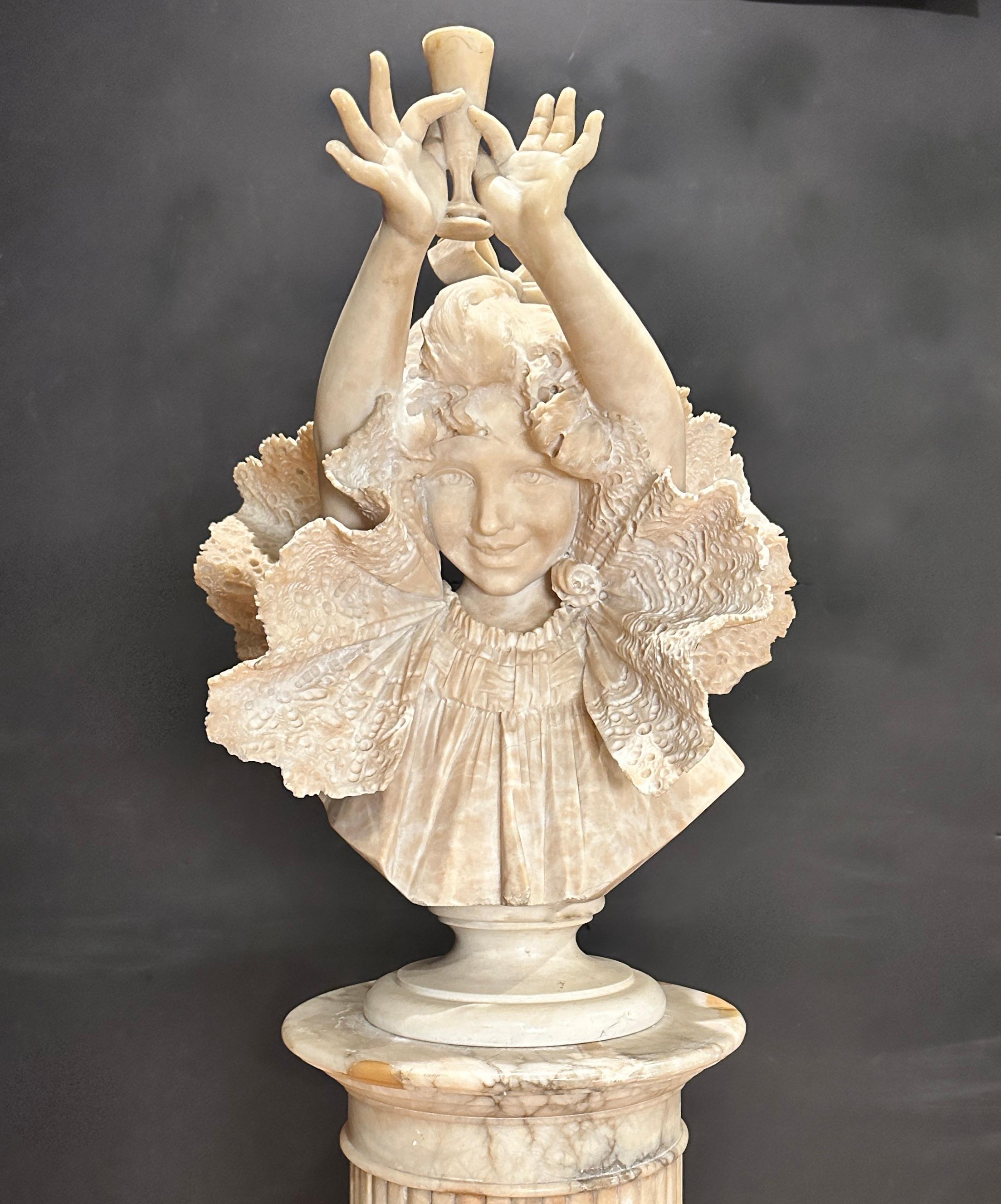 Belle Époque Italian Carved Alabaster And Marble Bust Of Young Girl By Antonio Frilli For Sale
